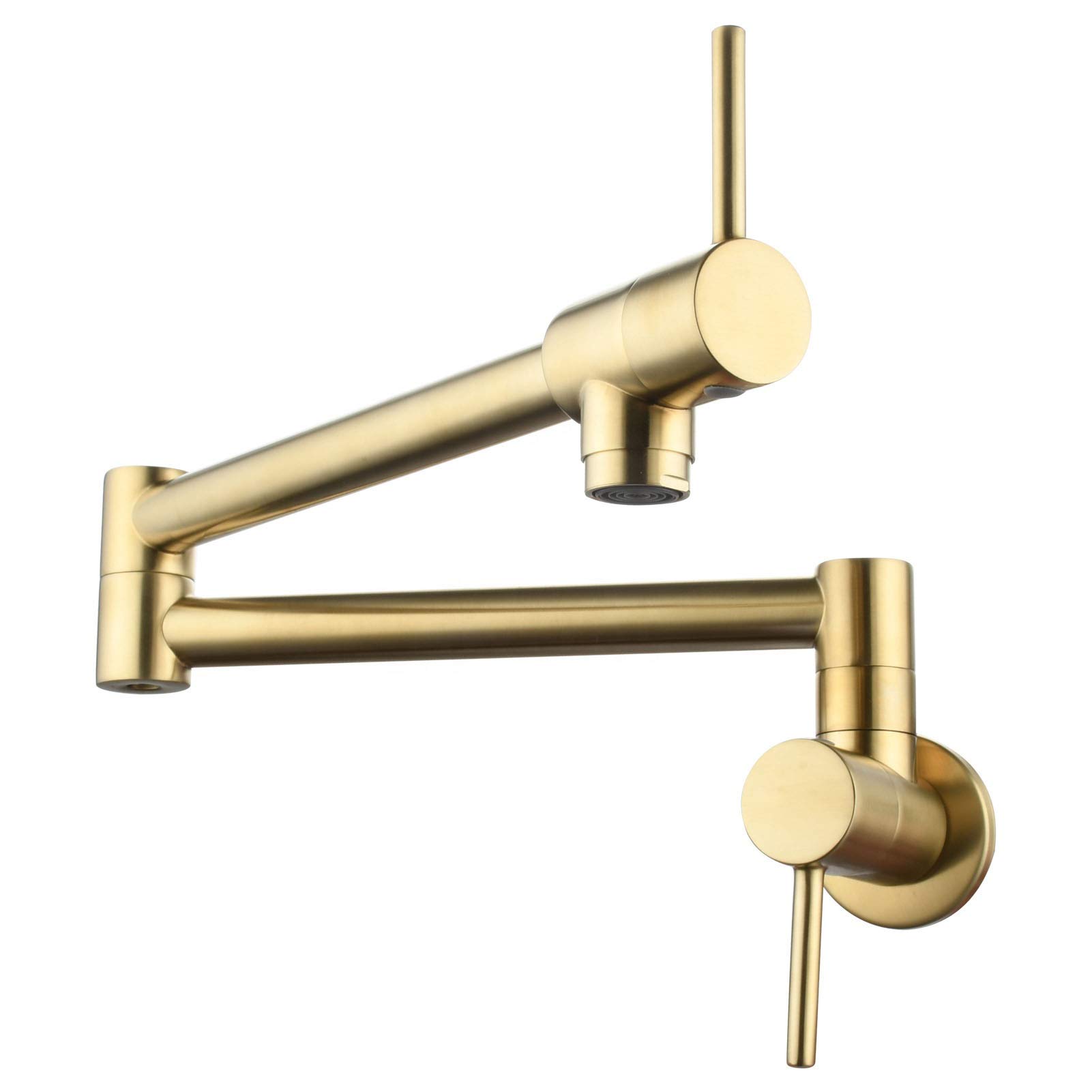 Brass Pot Filler Faucet Wall Mount, Brushed Gold Dual Swing Folding Arms Rotatable Joints Two Handle Kitchen Tap for Stove and Cooking Convenience