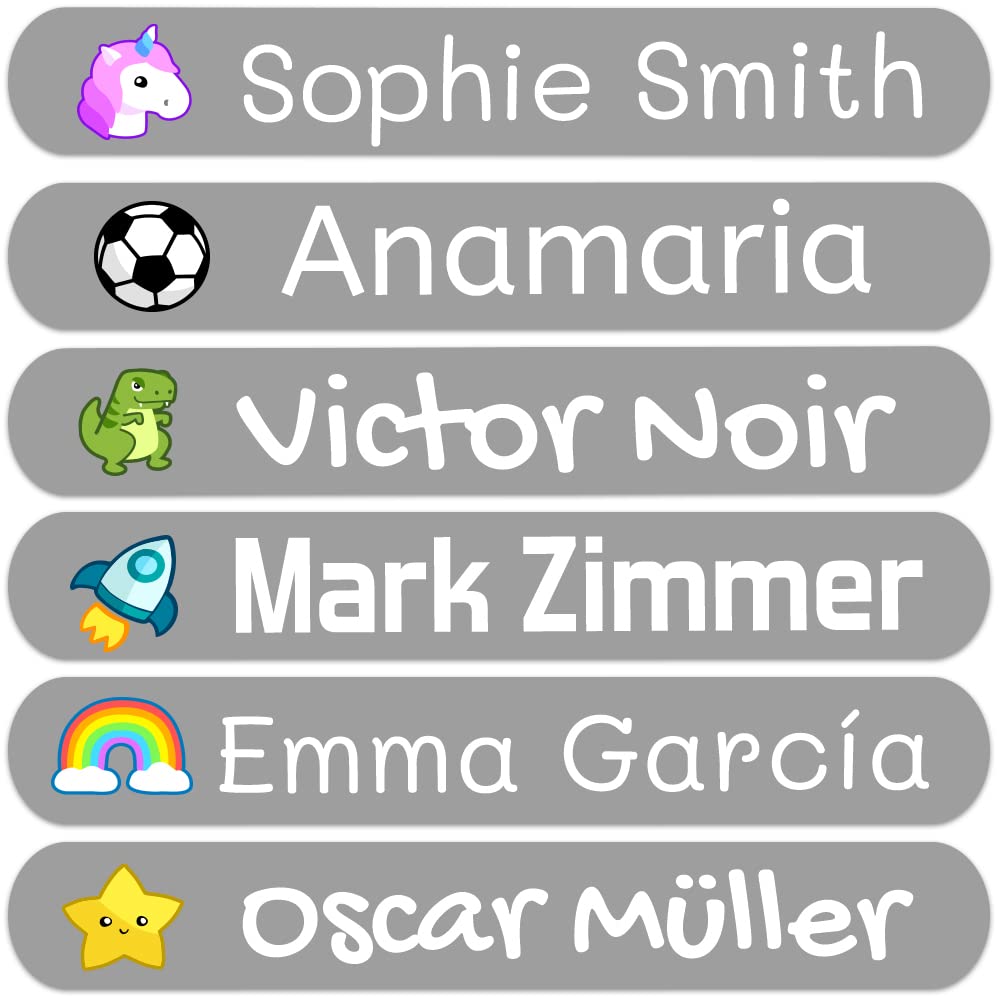 50 Custom Waterproof Name Labels for Kids – Personalized Stickers for Books, Toys, School Supplies & Lunch Boxes (2.3 x 0.4 inches, Dark Grey) – Perfect for Daycare, Preschool & Back-to-School Organization