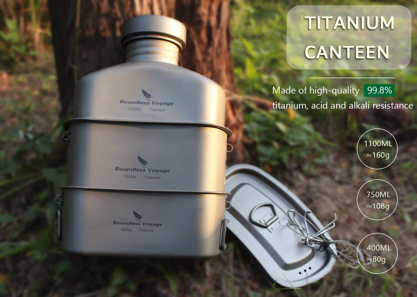Boundless Voyage Titanium Military Canteen Cup Set - Lightweight Outdoor Camping & Hiking Water Bottle with 2 Cups - Durable Mess Kit for Cooking, Survival Gear - Perfect for Backpacking, Bushcraft & Emergency Preparedness (Ti15158B)