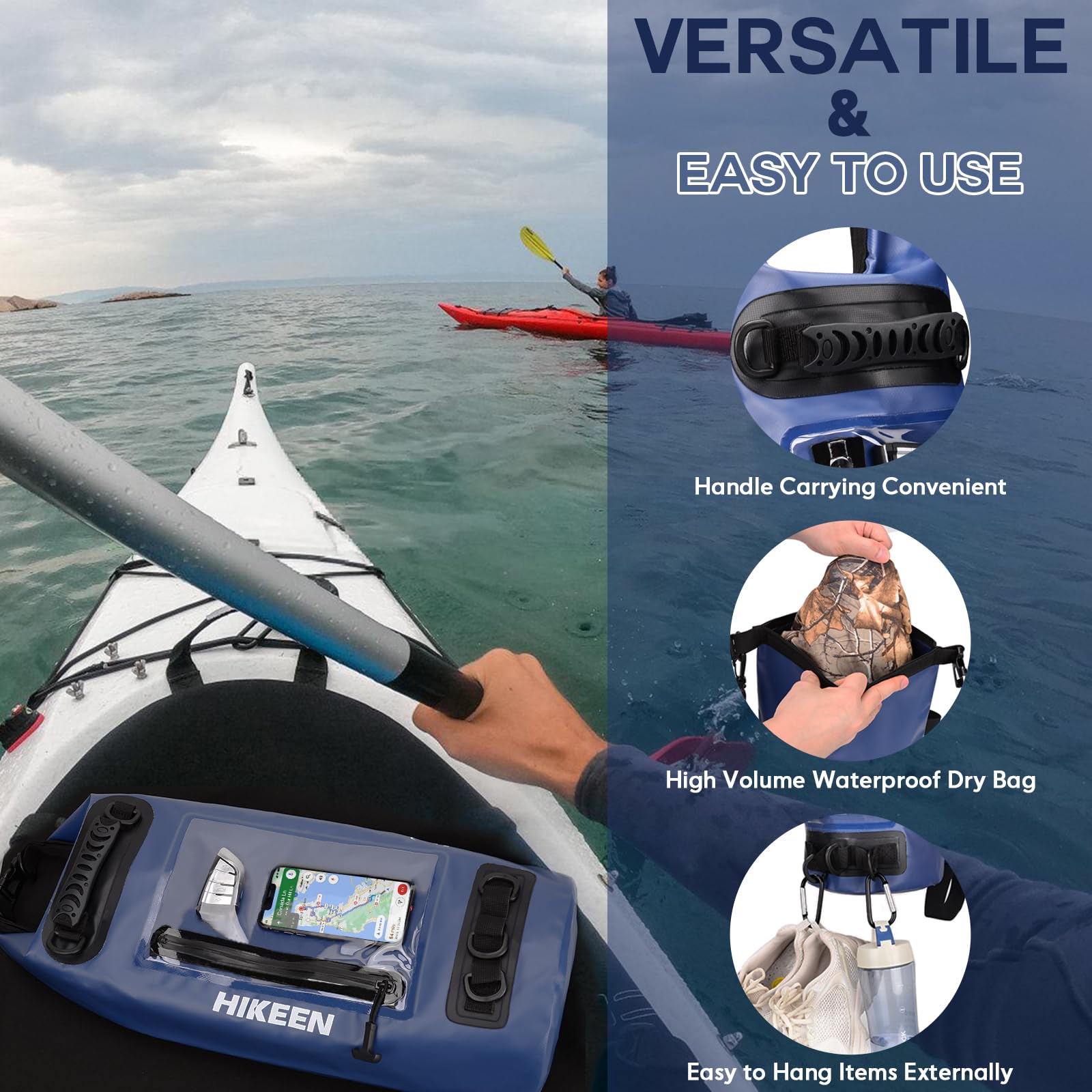Hikeen IPX7 Waterproof Dry Bag 20L - Lightweight Roll Top Dry Backpack with Waterproof Zipper & Touch Screen Phone Case - Perfect for Kayaking, Boating, Camping, Beach & Rafting - Includes 3 D-Rings for Secure Gear Storage
