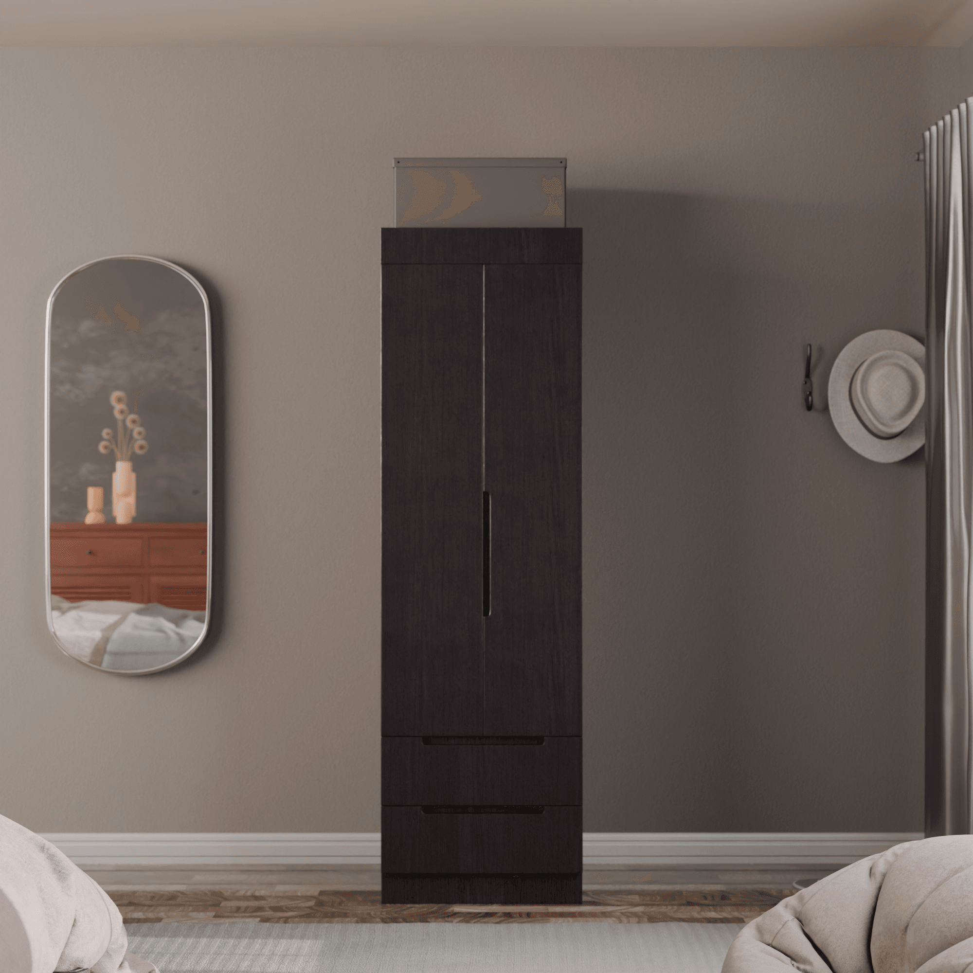 Harris 2 Door Open Wardrobe Closet - Freestanding Storage Cabinet for Bedroom, Living Room & Entryway - Modern Wooden Clothes Organizer with Hanging Rod & Shelves