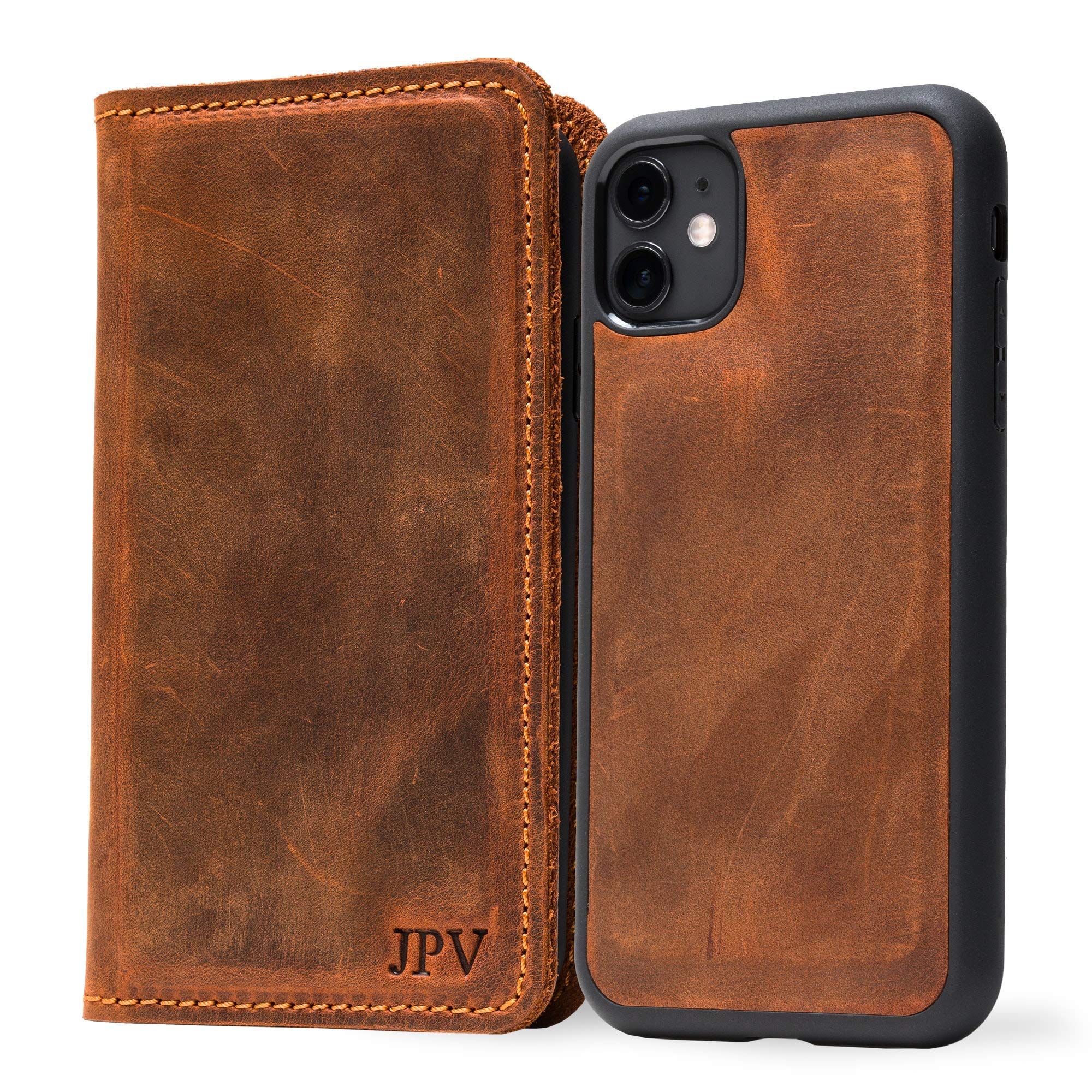 Premium PEGAI Personalized 100% Genuine Leather Wallet Case for iPhone 11 - RFID Blocking Card Holder & Built-in Screen Protector | Handmade Magnetic Protective Phone Cover | McLean Mahogany | Perfect for Business Travel & Everyday Use