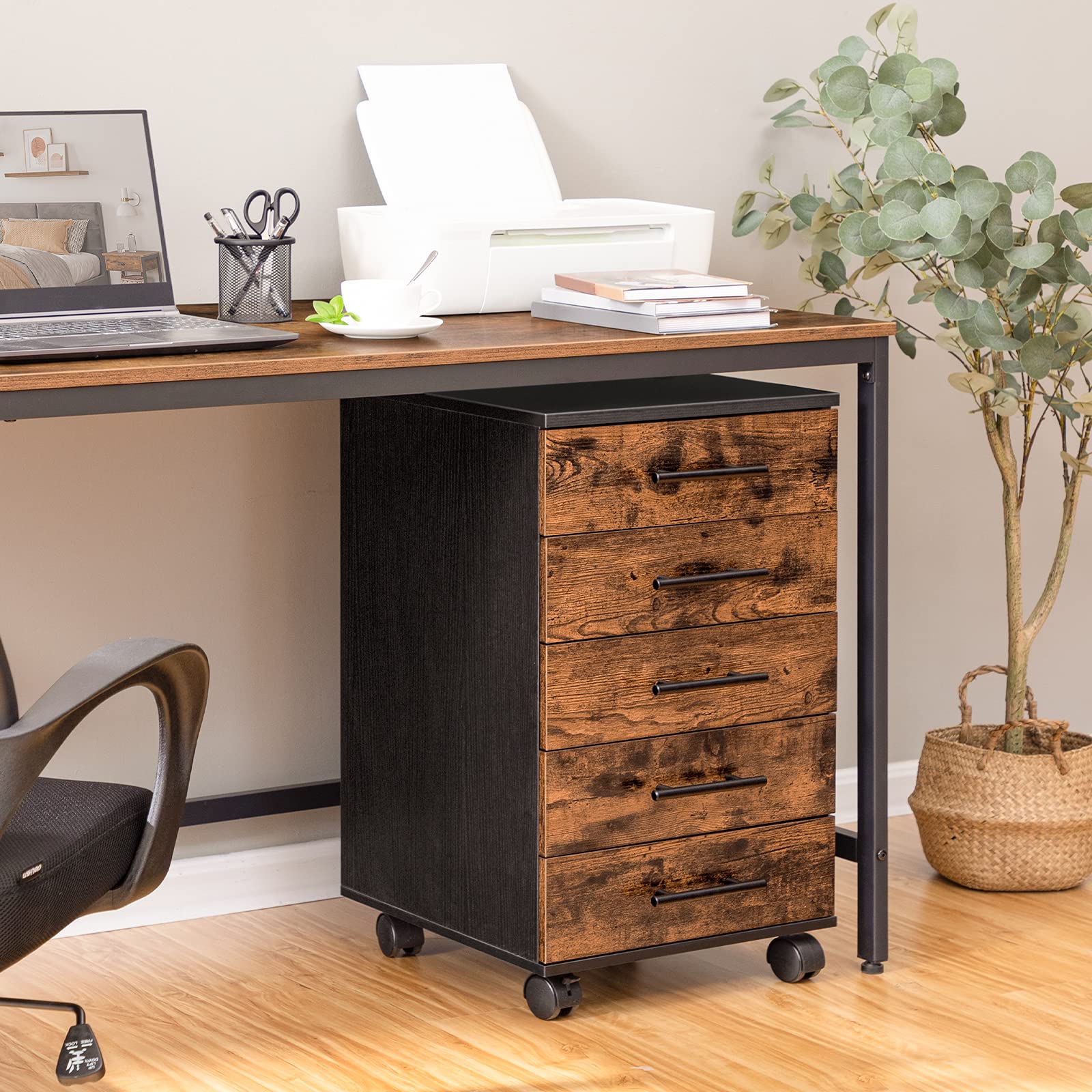 HOOBRO 5-Drawer File Cabinet with Wheels - Rustic Brown Wooden Storage Cabinet for Office, Home, Makeup & Craft Organization - Mobile Filing Cabinet with Easy Assembly - Perfect for Home Office, Bedroom & Beauty Salon Storage