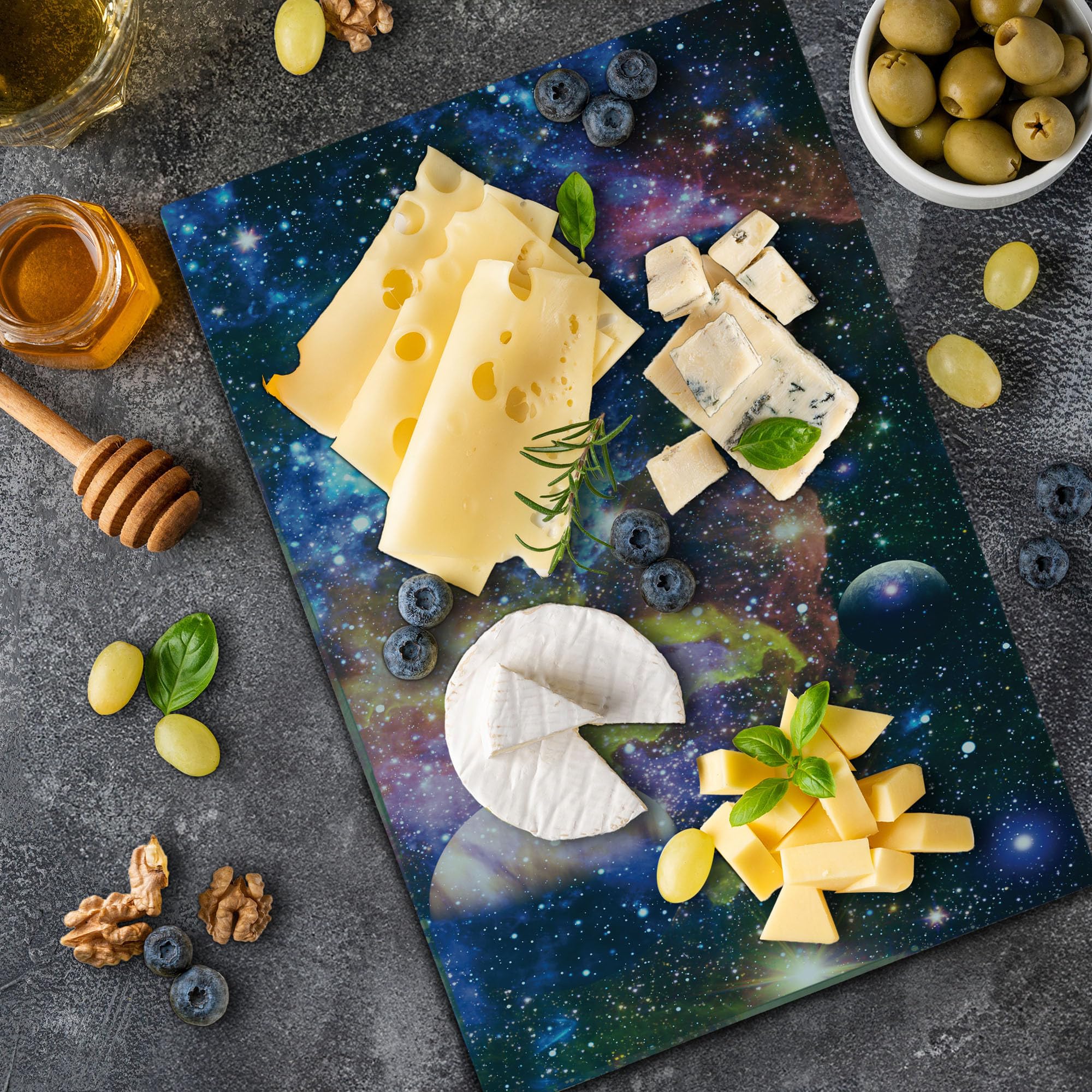 Ambesonne Space Themed Tempered Glass Cutting Board - Futuristic Abstract Stars & Planets Design, Large Decorative Serving Board for Kitchen & Dining - Perfect for Entertaining, Gift Giving & Astronomy Enthusiasts