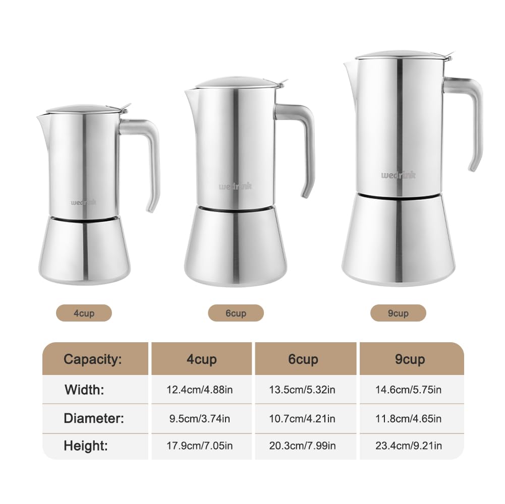 Wedrink Stovetop Espresso Maker - 4 Cup (6.5 oz) Stainless Steel Moka Pot for Greca Coffee - Works on Induction, Electric & Gas Stoves - Perfect for Home Brewing, Camping & Office Use