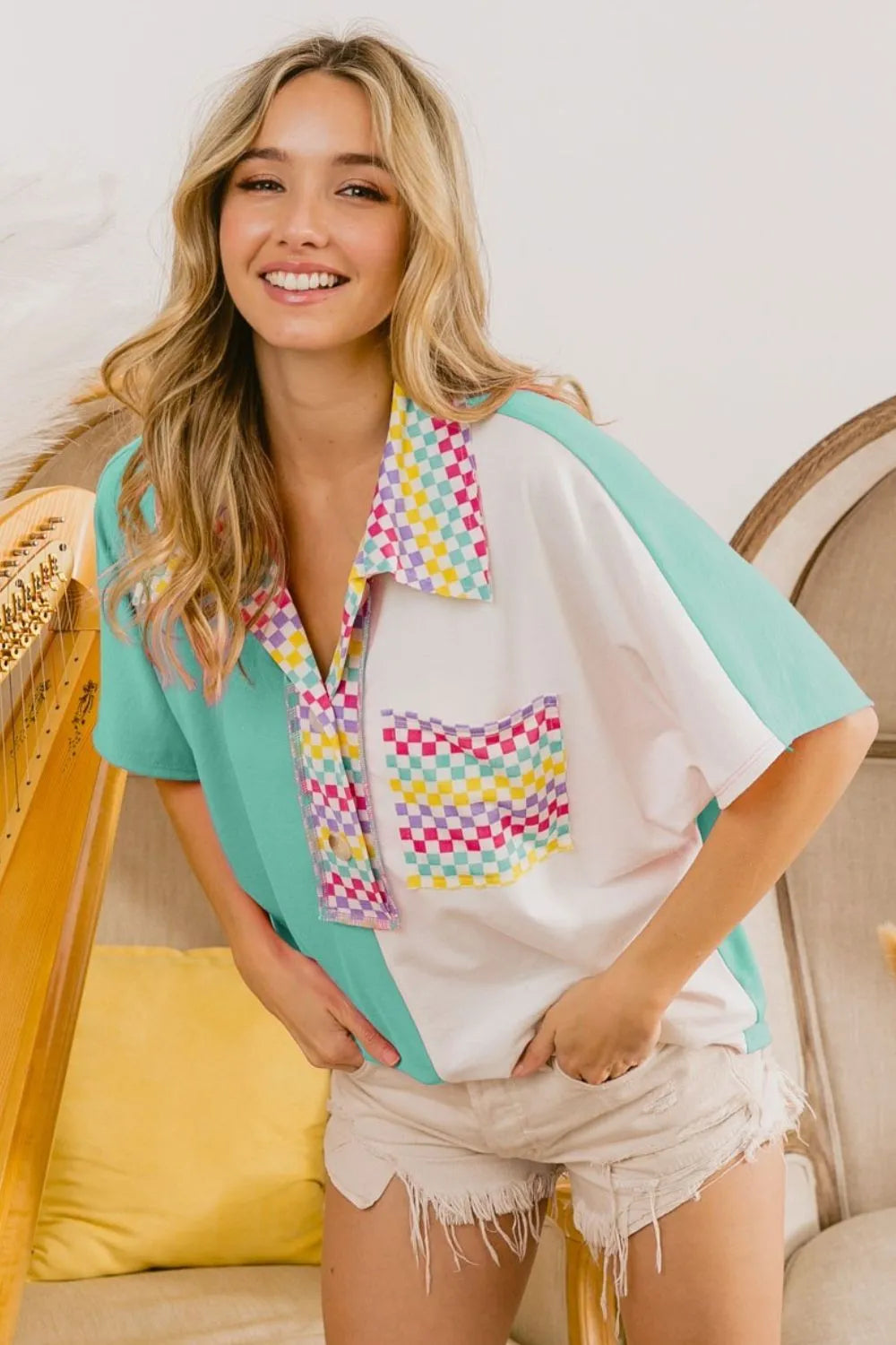 Stylish BiBi Color Block Knit Top with Multi Checker Contrast Design - Perfect for Casual Outings, Office Wear & Layering in Fall/Winter