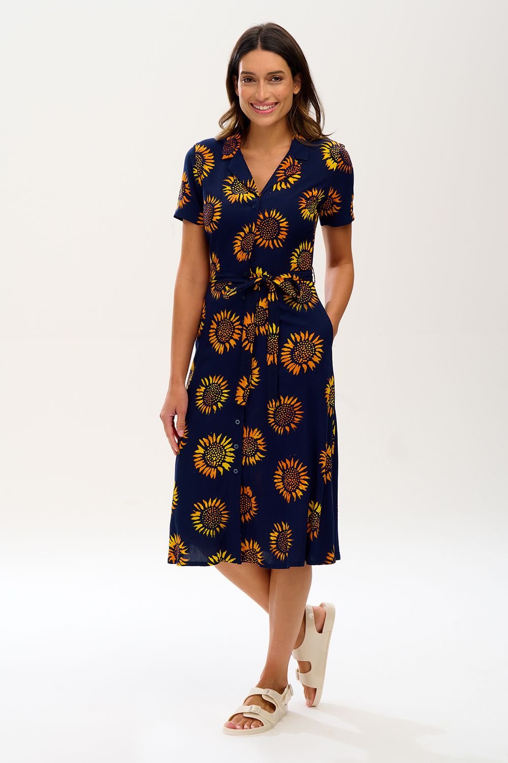 Fiona Batik Midi Shirt Dress - Navy Blue with Sunflower Print | Casual Summer Dress for Women, Beach Cover Up, Boho Chic Outfit