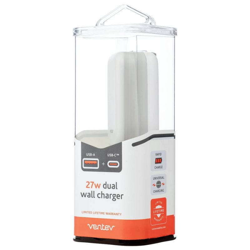Ventev 27W Dual USB-C & USB-A Wall Charger - Fast Charging for iPhone, Samsung, Pixel - White | Perfect for Home, Office & Travel