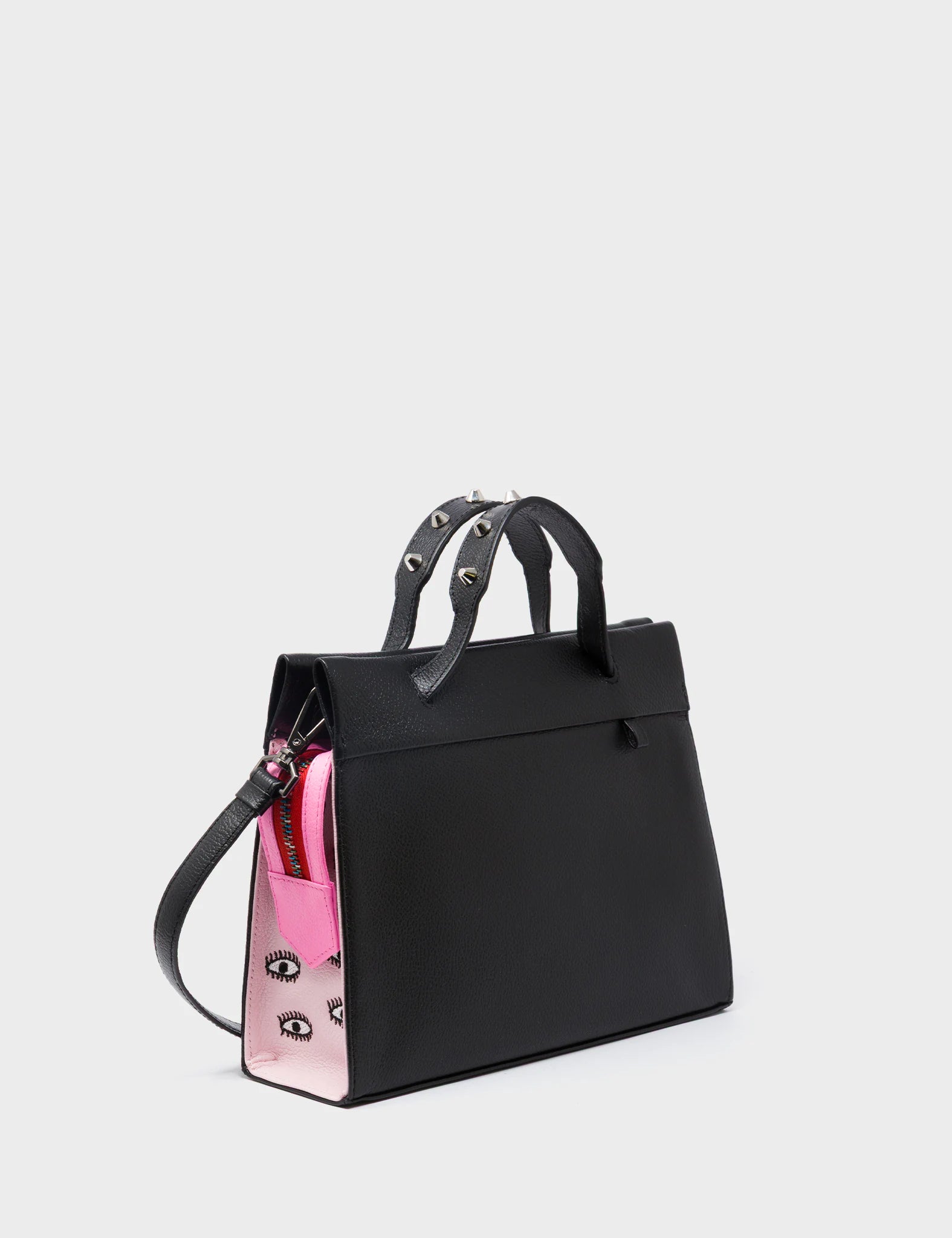 Vali Crossbody Small Leather Bag - Parfait Pink & Black with All Over Eyes Embroidery | Fashionable Women's Purse for Daily Use, Travel & Date Night