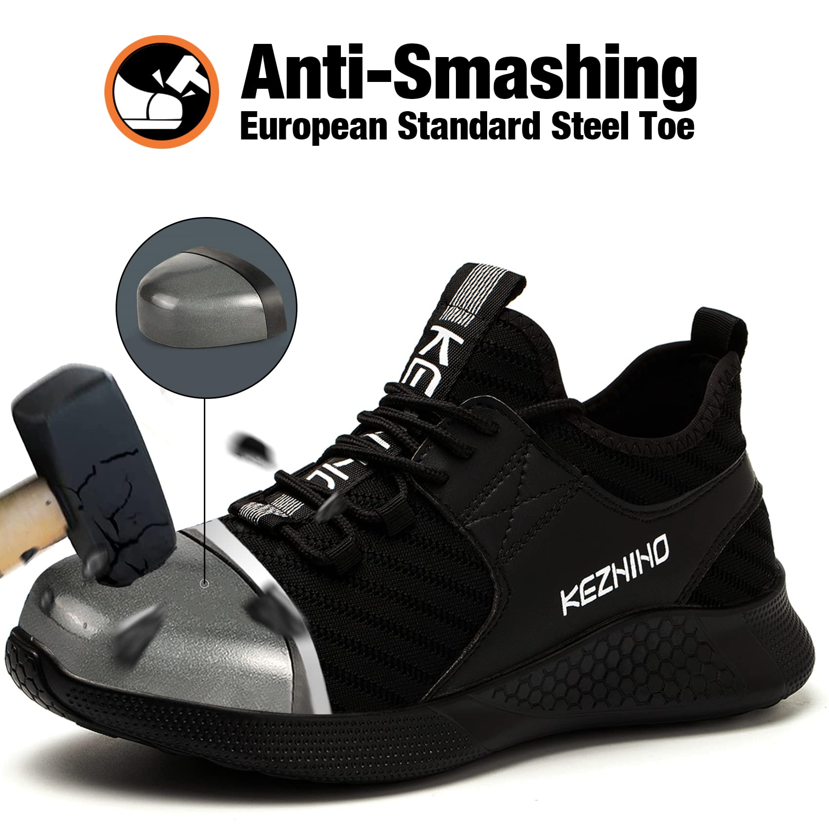 Kezhiho Men's Steel Toe Work Shoes - Lightweight, Slip & Puncture Resistant Safety Sneakers for Construction & Industrial Use | Breathable, Durable & Comfortable for Work Sites, Warehouses & Outdoor Labor
