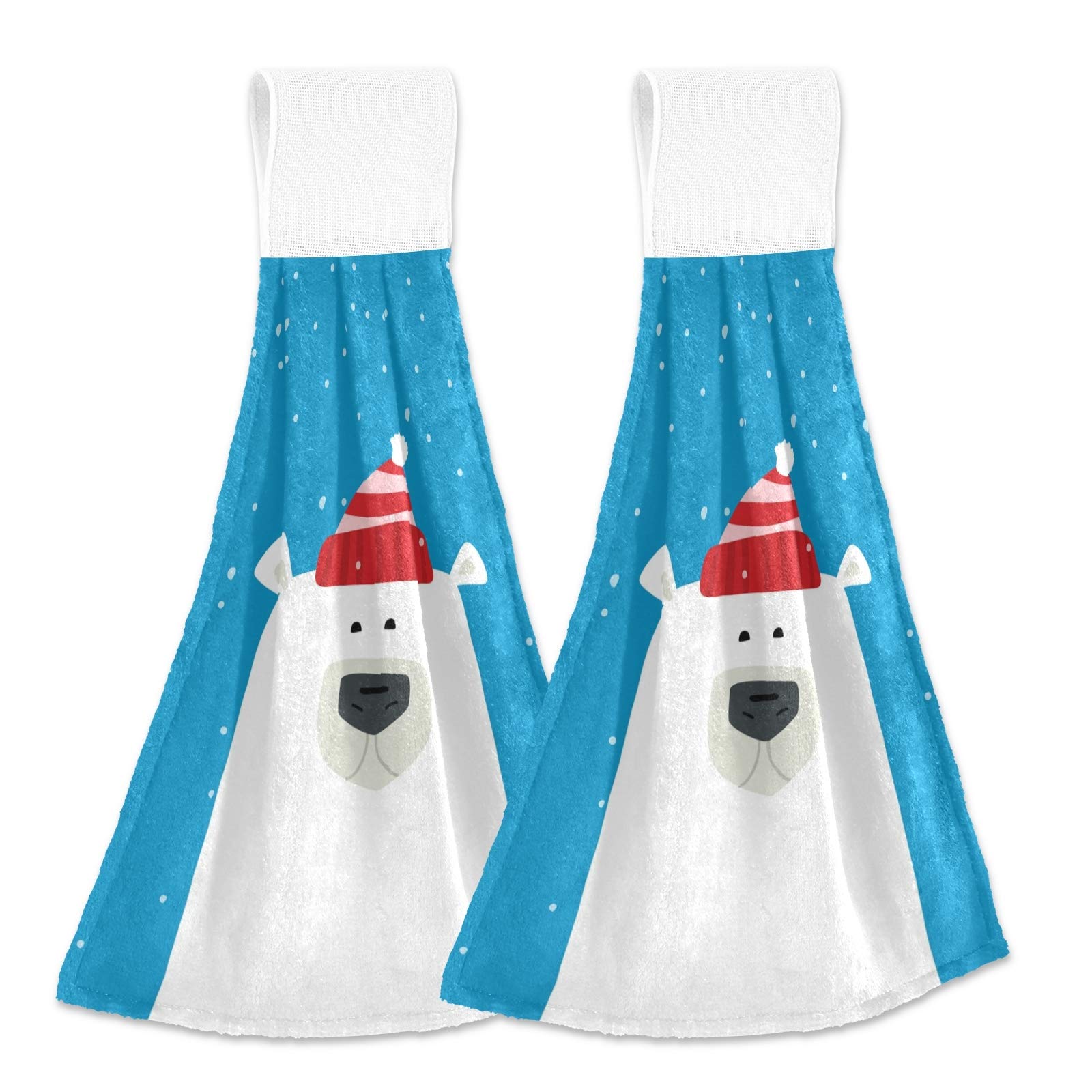 Blueangle Red Hat Polar Bear Kitchen Towels - Set of 2 | 12x17 Inch Soft Absorbent Hand Towels & Dishcloths with Hanging Loop | Perfect for Kitchen, Bathroom & Home Decor | Great for Drying Dishes, Wiping Counters & Adding Cute Decor