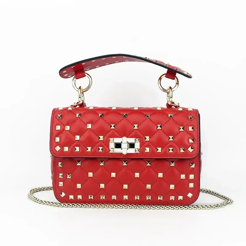 Luxury Women's Sheepskin Leather Handbag with Rivet & Chain Strap - Designer Shoulder Bag & Messenger Purse for Work, Travel & Evening Out