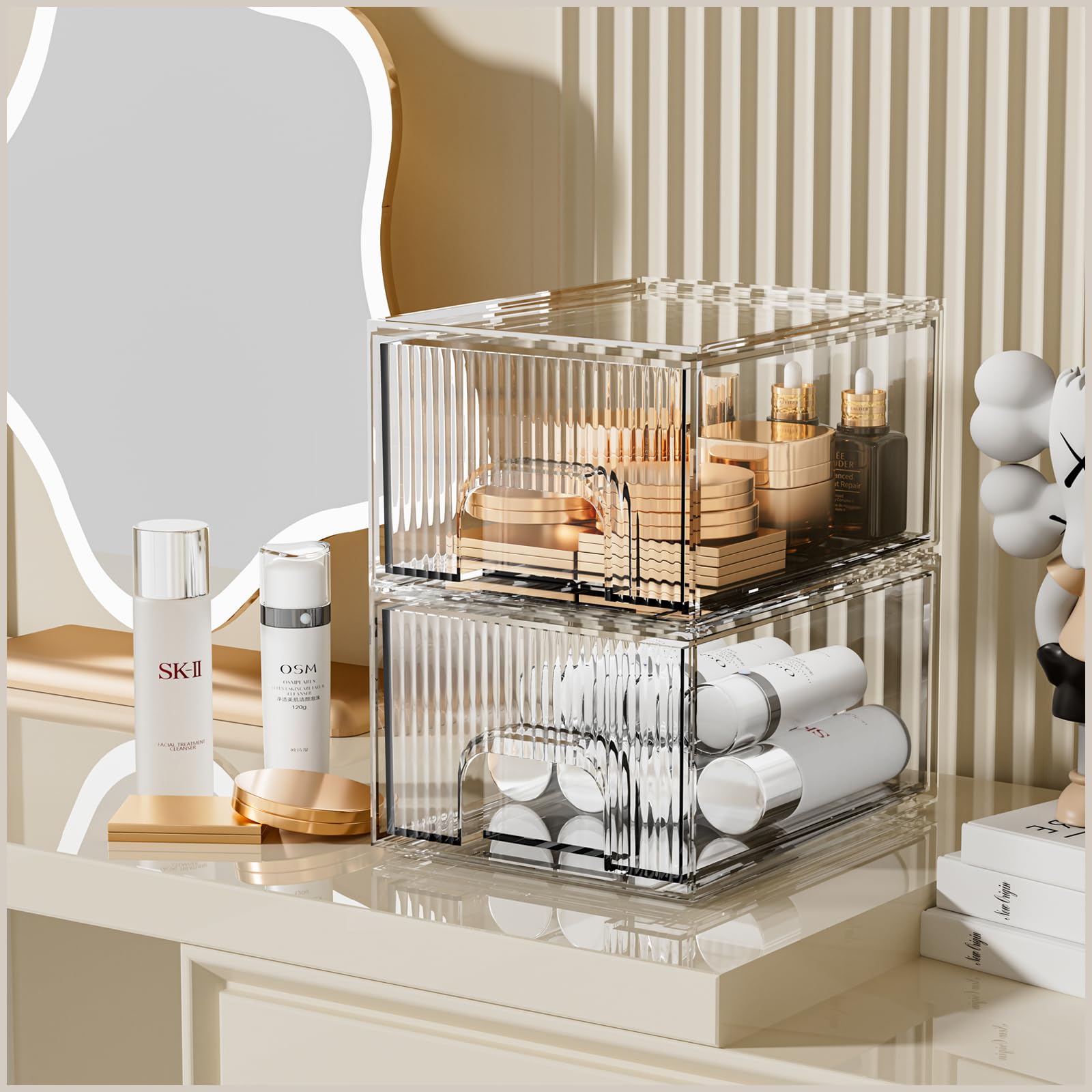 2 Pack Striped Stackable Acrylic Storage Drawers - 4 Inch Height Makeup Organizer for Vanity, Bathroom & Kitchen - Under Sink Plastic Drawer Storage - Perfect for Home Organization & Small Space Storage Solutions