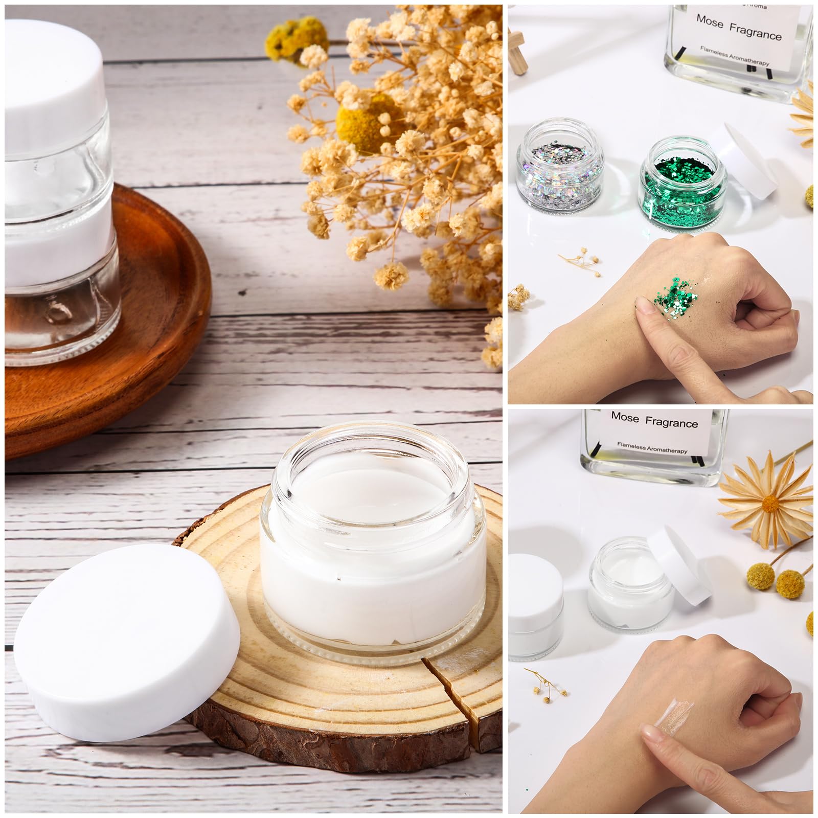 **Domensi 60-Pack 1oz Glass Jars with Airtight Lids - Small Cosmetic Containers for Salves, Lotions, Creams & Travel-Sized Candles (Clear Glass, White Lids) - Perfect for DIY Skincare, Samples & Mini Gifts**