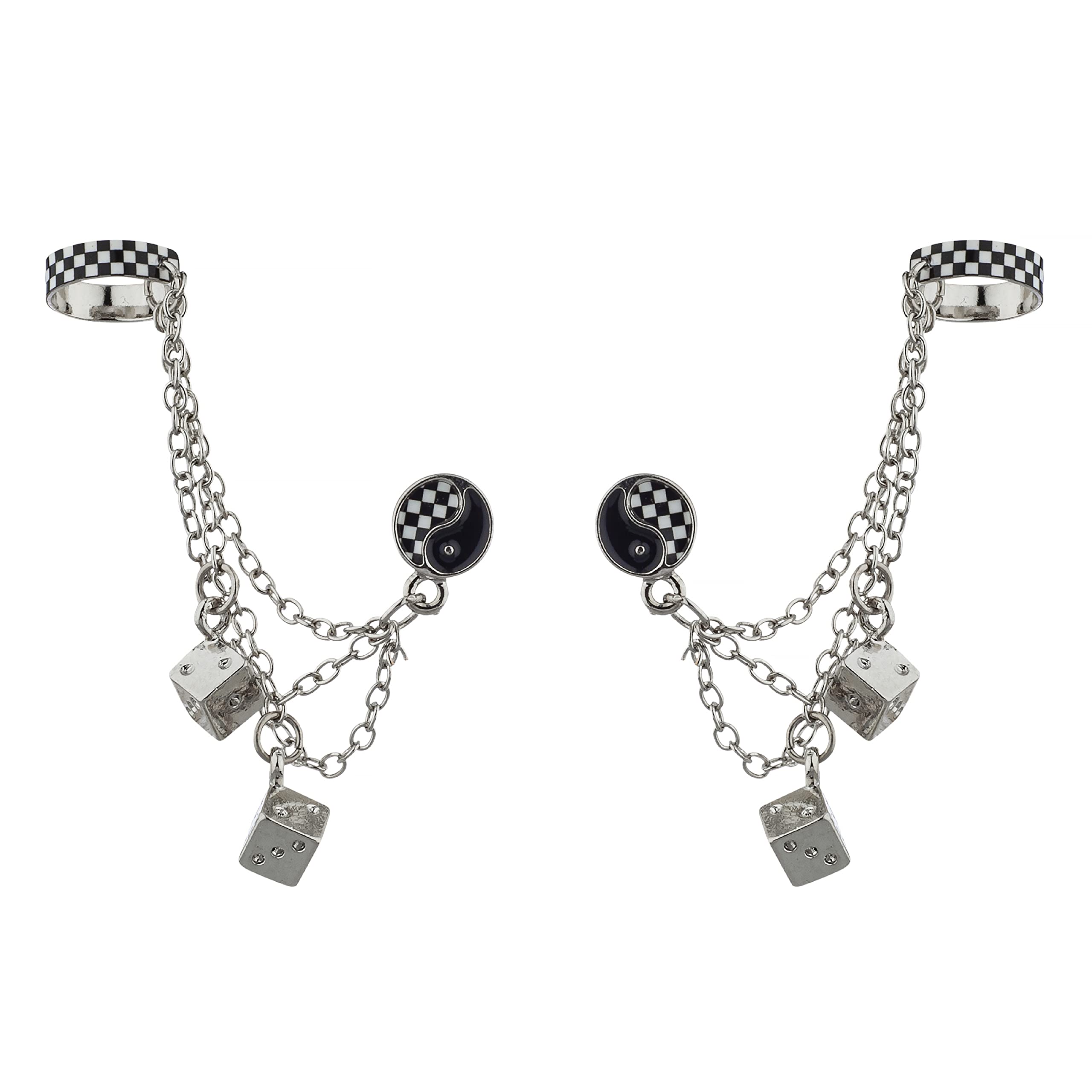 Silver Casino Dice Earrings - Yin Yang Stud & Cuff Set for Party & Gaming