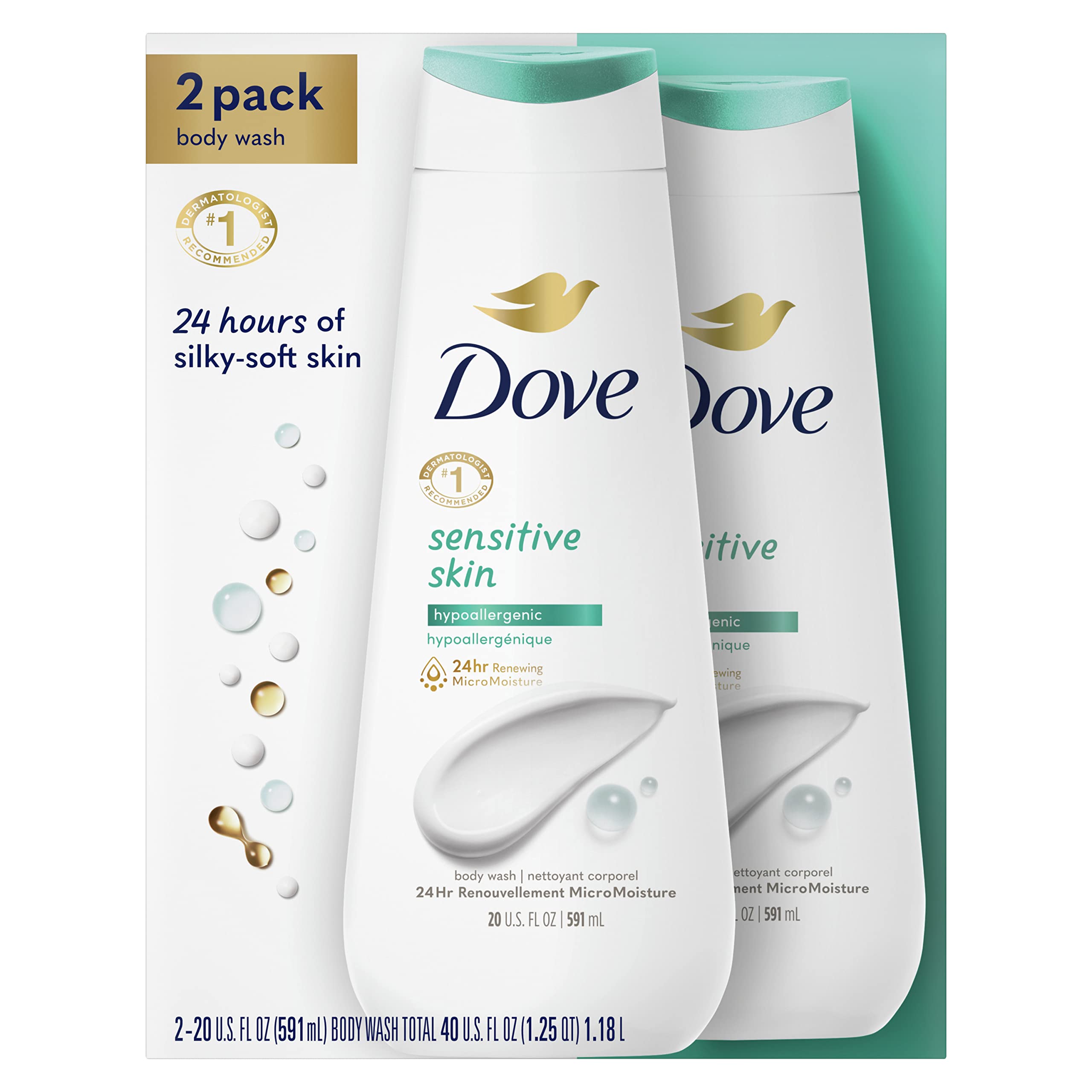 Dove Sensitive Skin Body Wash, Hypoallergenic & Sulfate Free - 20 oz (2-Pack) | Gentle Cleansing for Dry, Irritated Skin | Effectively Removes Bacteria While Nourishing | Perfect for Daily Shower & Post-Workout Use