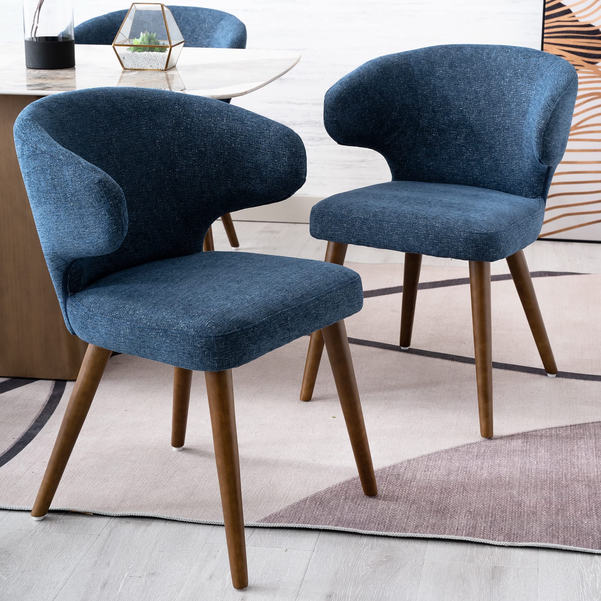 Mid Century Modern Dining Chairs Set of 2 - Upholstered Curved Wingback Accent Arm Chairs with Solid Wood Legs in Navy Blue Linen Fabric - Perfect for Dining Room, Living Room or Office Decor