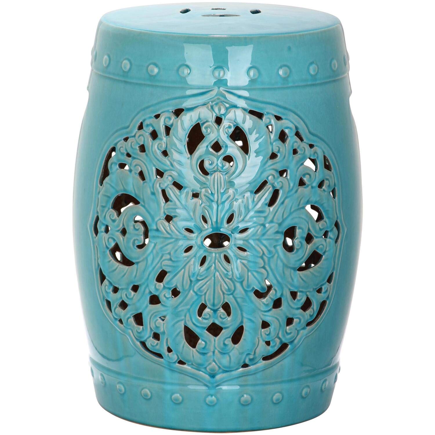Safavieh Flora Glazed Ceramic Garden Stool - Decorative Blue Outdoor Side Table for Patio, Porch & Living Room Decor