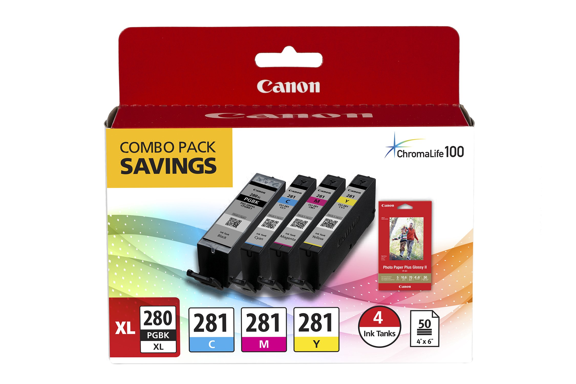 Canon PGI-280XL PGBK & CLI-281CMY Ink Cartridges with Photo Paper Bundle - High-Quality Printing for Home, Office & Photography Projects
