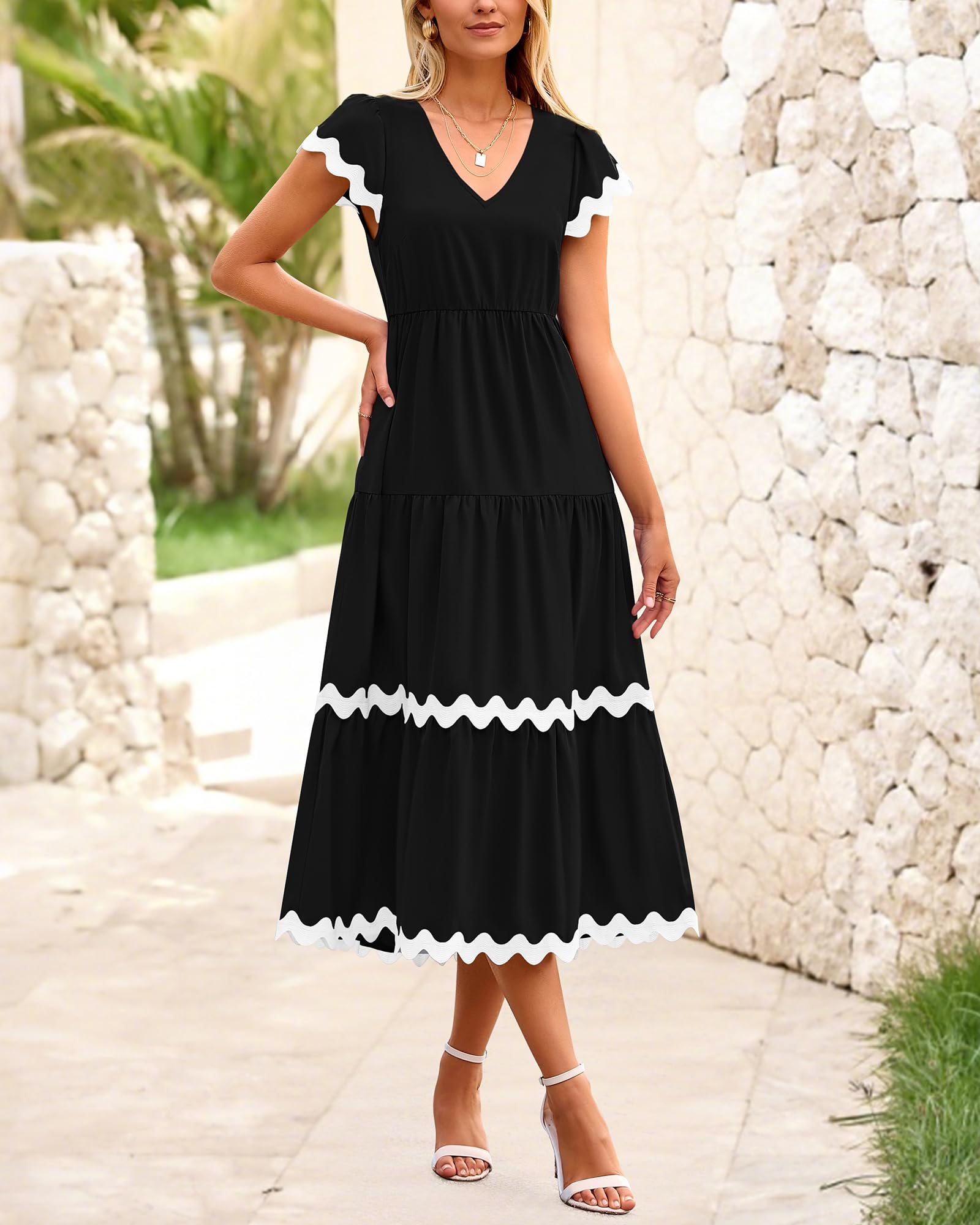 BTFBM Women's Flowy V-Neck Cap Sleeve Midi Dress with Pockets - Summer Beach Vacation Dress 2025 - Perfect for Casual Outings, Beach Getaways and Summer Parties