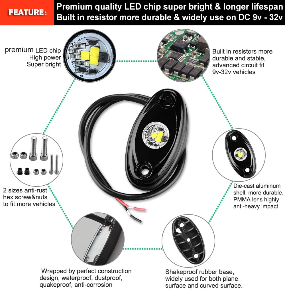 4 Pods LED Rock Light Kit - Waterproof Underglow Neon Lights for ATV, SUV, Offroad Car, Truck & Boat | Red Underbody Glow Trail Rig Lamps | Perfect for Night Off-Roading, Car Shows & Marine Lighting