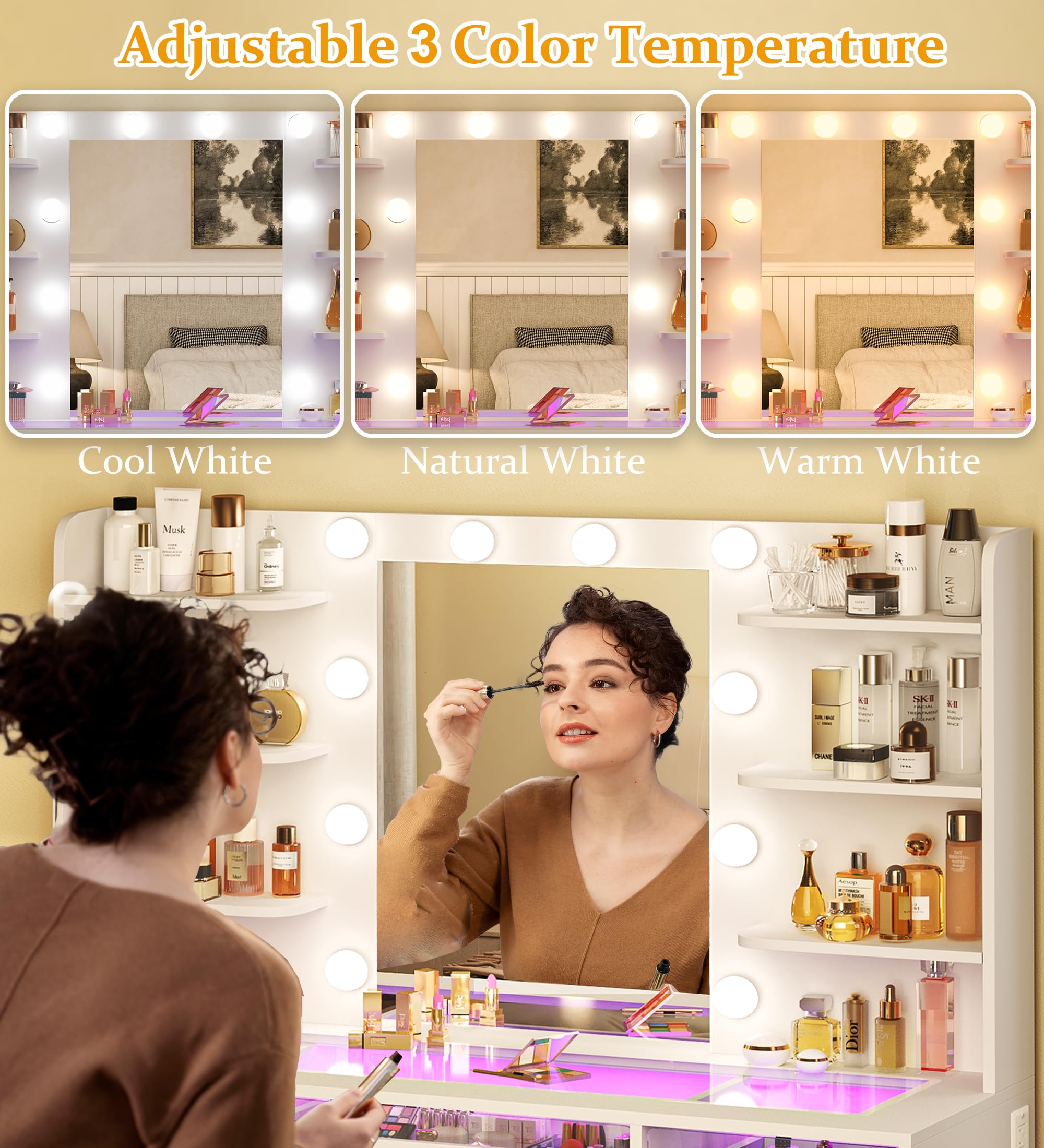 HUAHUUU Vanity Desk with Mirror & LED Lights - White Makeup Dressing Table, 3-Color RGB Drawers, Transparent Top, 6 Shelves, 2 Tempered Glass Cabinets, Built-in Power Outlet - Perfect for Bedroom, Dorm Room & Beauty Salon Makeup Station