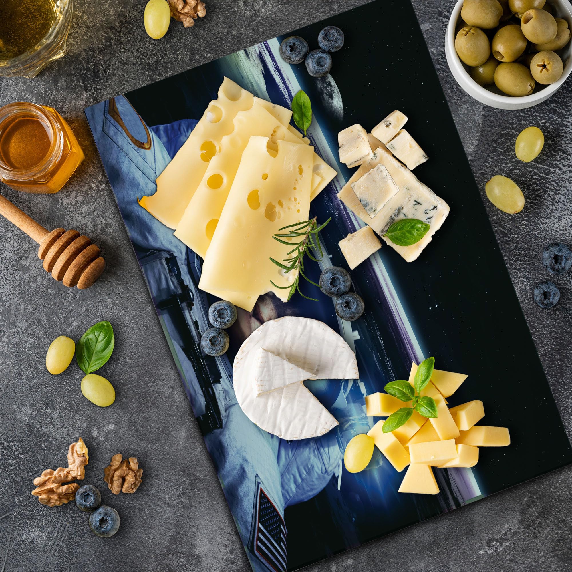 Ambesonne Funny Astronaut Cat Cutting Board - Decorative Tempered Glass Serving Board with Outer Space Explorer Kitty Design, Large Blue & White Kitchen Accessory for Cooking, Entertaining & Gift Giving