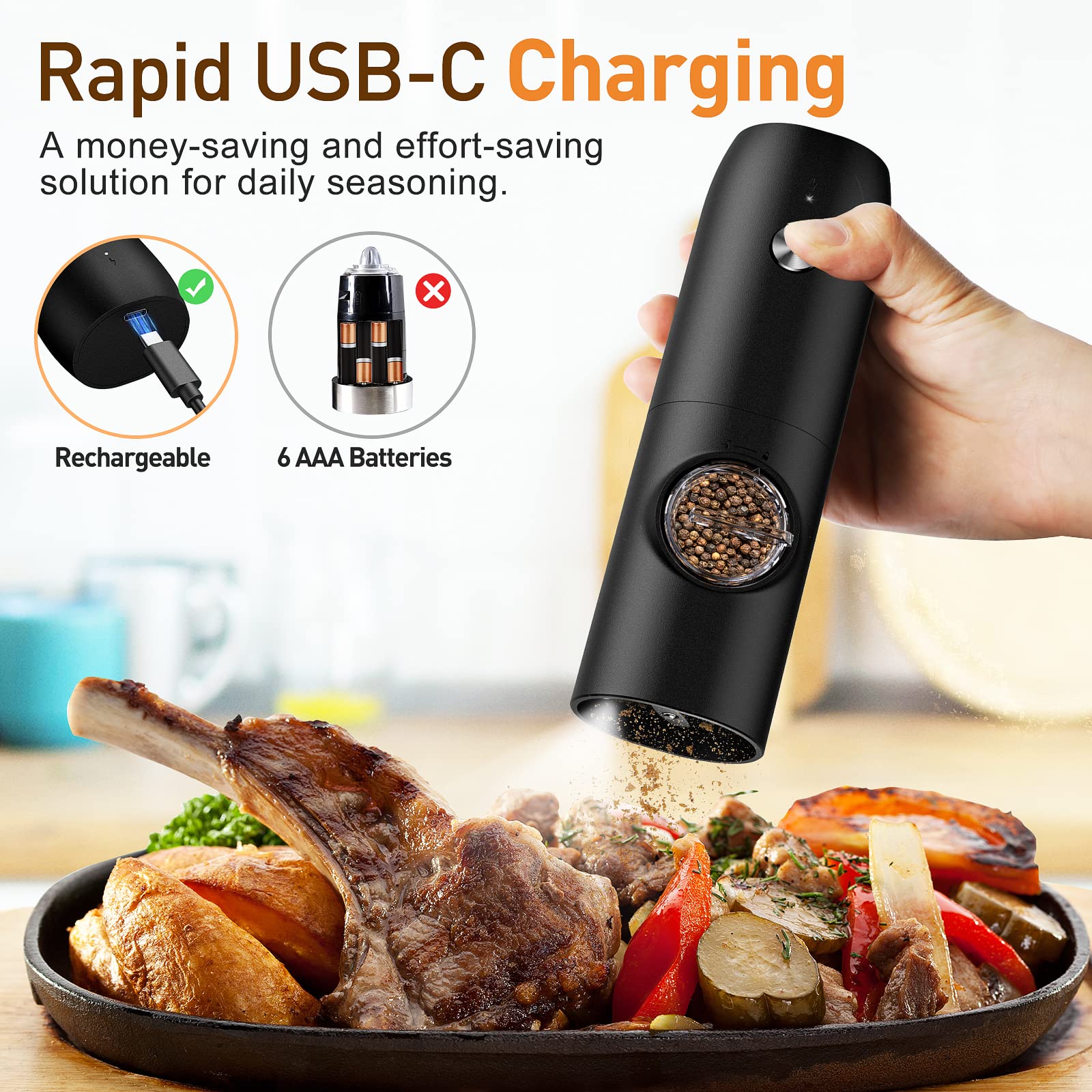 Electric Salt and Pepper Grinder Set - Rechargeable Automatic Spice Mill with Adjustable Coarseness, 70ml Capacity & LED Light - One-Hand Operation for Kitchen, Cooking, BBQ, and Dining Table Seasoning