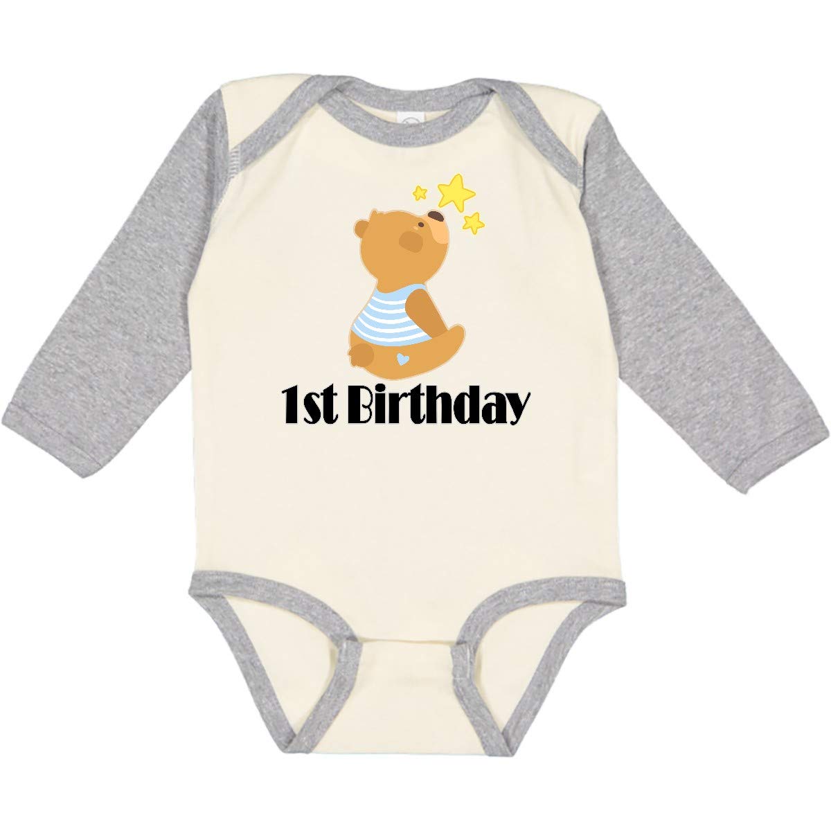 Inktastic 1st Birthday Outfit - Adorable 1 Year Old Boy Bear Print Long Sleeve Bodysuit Romper | Perfect for First Birthday Photos, Baby Showers & Special Occasions