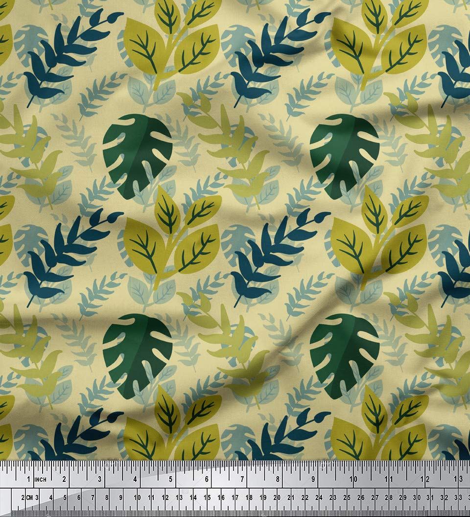 Soimoi Moss Georgette Beige Fabric by The Yard - 42 Inch Wide Printed Pecan & Monstera Leaves Material - Autumnal Tropical Fusion Fabric for Dresses, Curtains & DIY Fashion Projects