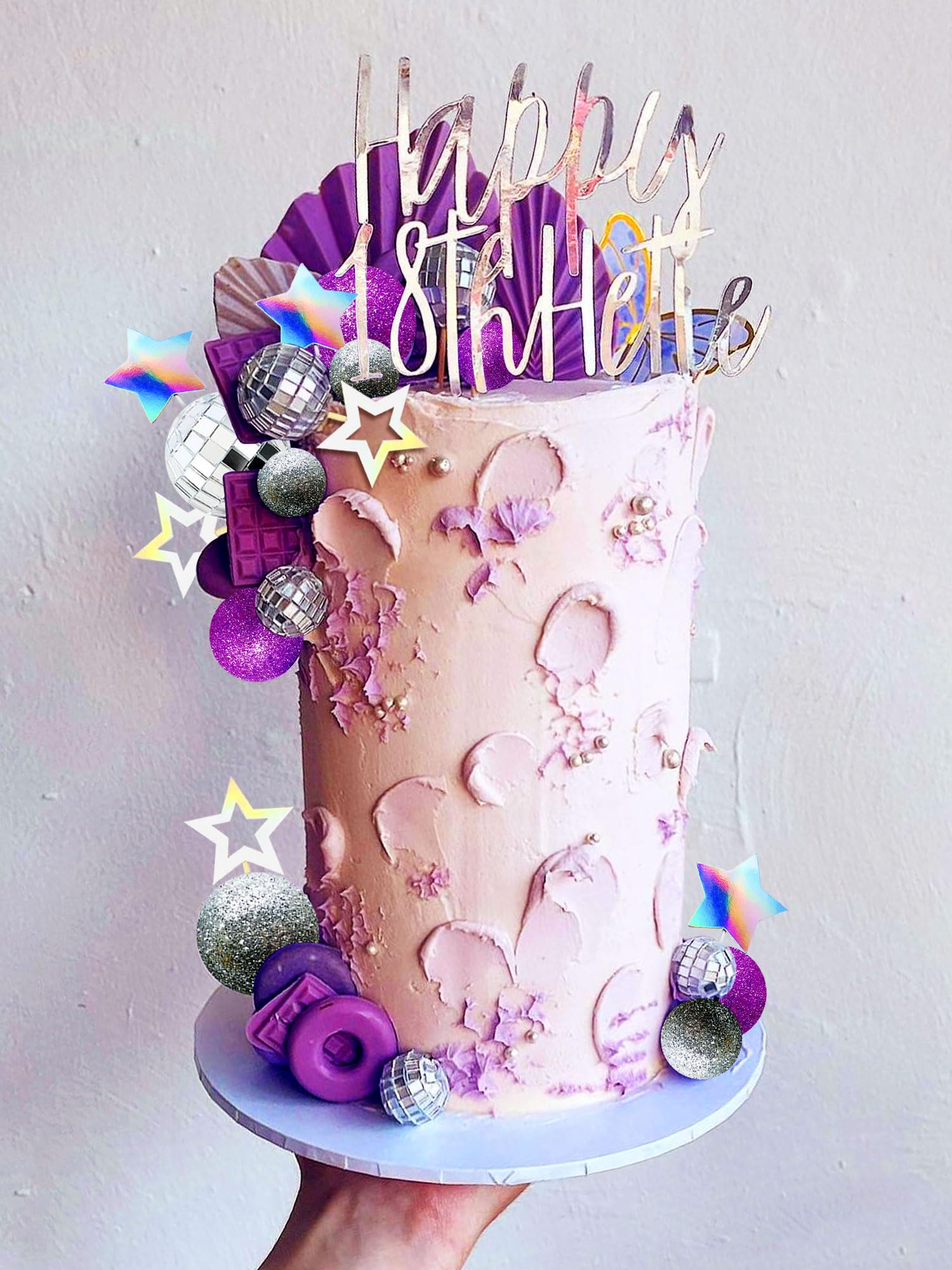 JeVenis Purple Disco Ball Cake Topper - 80s Themed Dancing Queen Birthday Party Decorations - Silver Glitter Cake Balls for Wedding, Bachelorette & Retro Celebrations