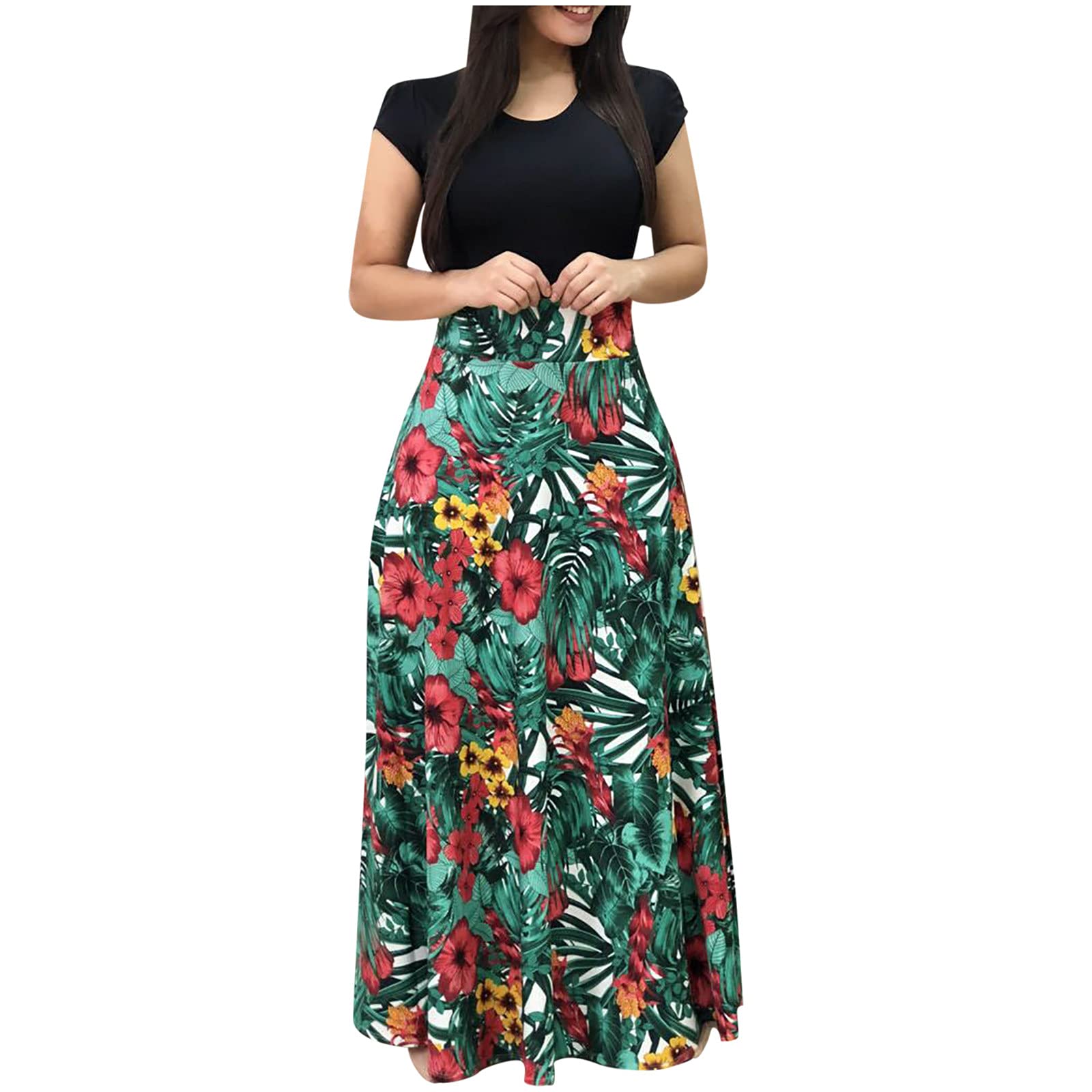 Women's Floral Boho Printed Maxi Dress - Long Summer Casual Dress with Short Sleeves & Pockets | Perfect for Beach Vacation, Music Festivals & Boho Chic Outfits