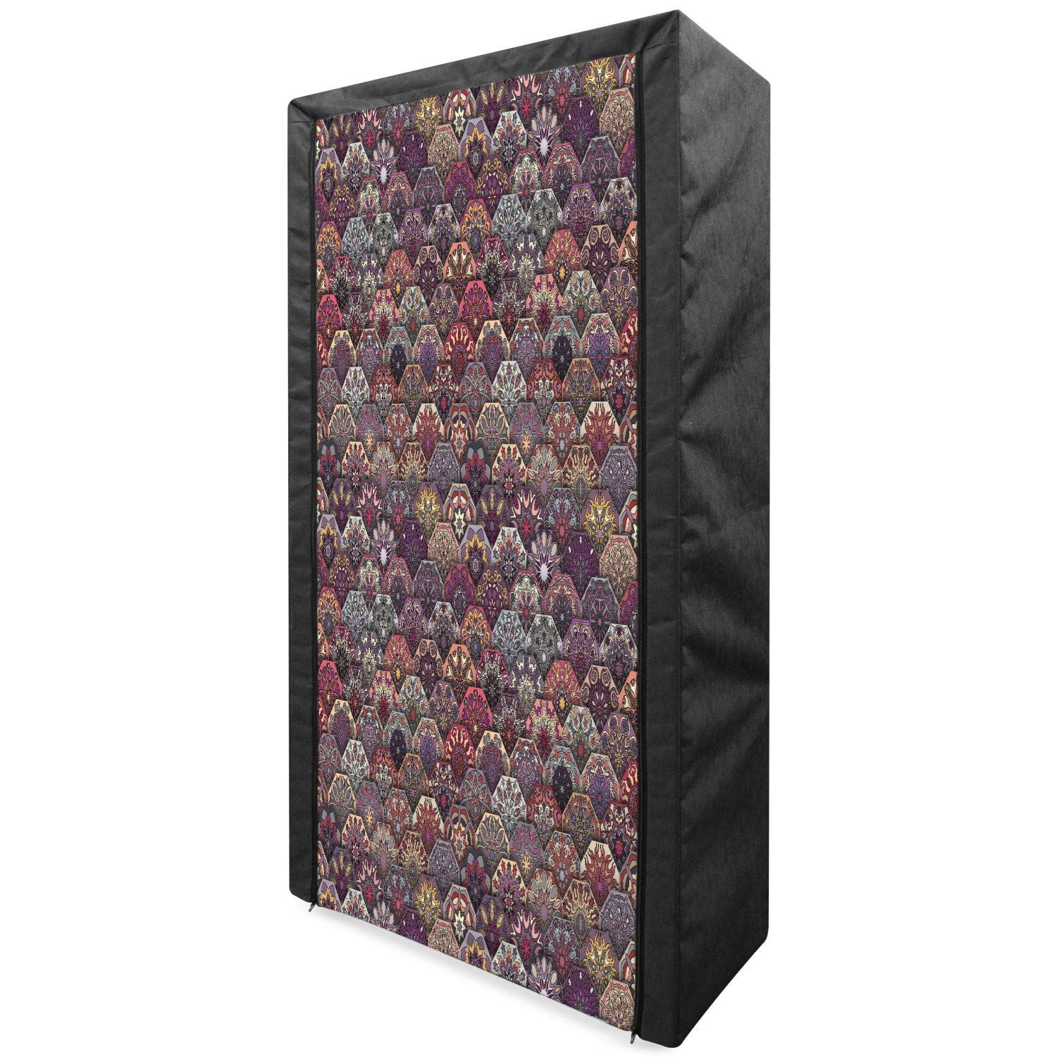 Ambesonne Moroccan Portable Fabric Wardrobe - Vintage Floral Mandala Hexagonal Design Clothing Organizer with Shelves, 33.5 Inch Multicolor Storage Closet | Perfect for Bedroom, Closet, Dorm & Travel Use