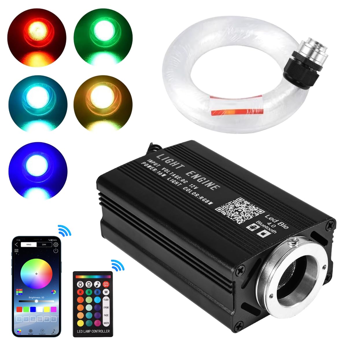 APLOS 16W Fiber Optic Starlight Headliner Kit - Twinkle & Meteor Effects, RGBW Sound Activated LED Lights with Bluetooth APP & Remote Control (0.75mm, 6.5ft/2m, 500pcs) for Car Ceiling, Bedroom & Home Decoration - Perfect for Parties, Relaxation & Mood Lighting