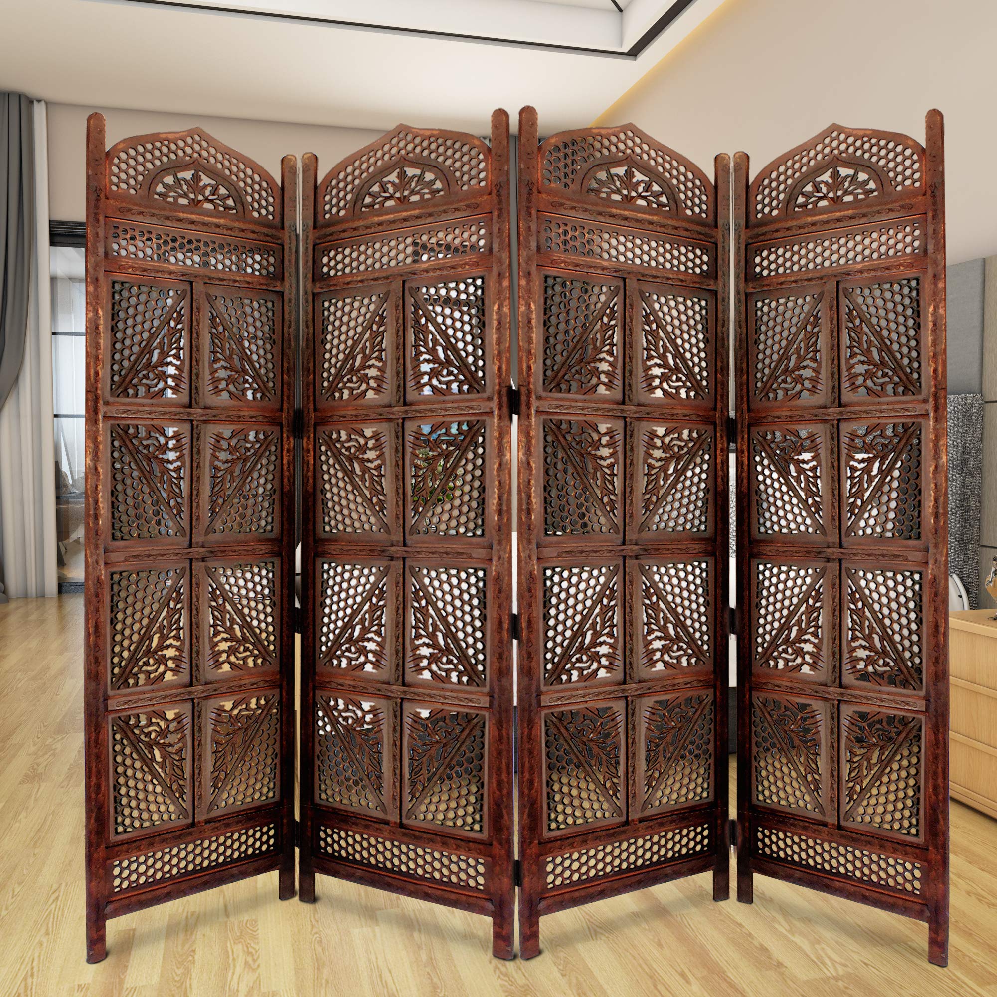 Benjara Traditional 4-Panel Wooden Room Divider with Hand-Carved Details - Antique Brown - Privacy Screen for Home, Office & Bedroom Decor