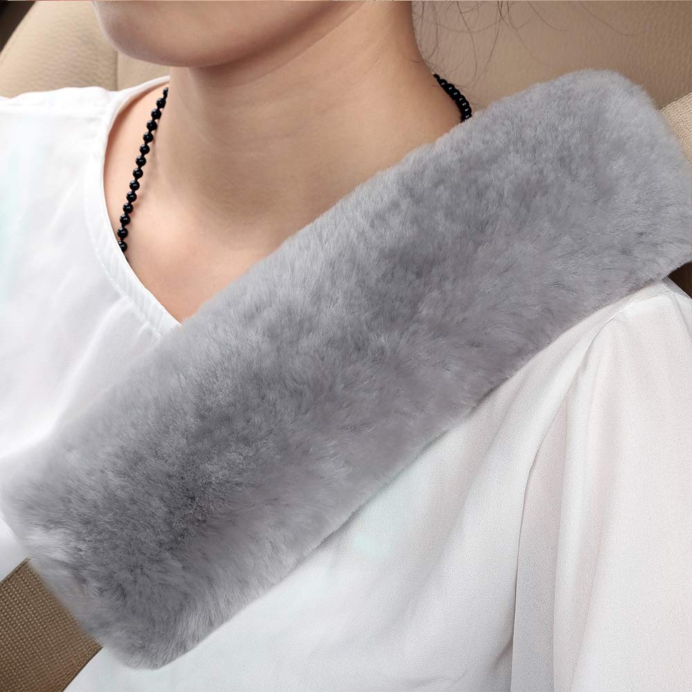 Genuine Merino Wool Car Seat Belt Pad - 2 Pack Soft Shoulder & Neck Protector for Comfort & Safety | Natural Sheepskin Cover for Long Drives & Road Trips (Misty Gray)