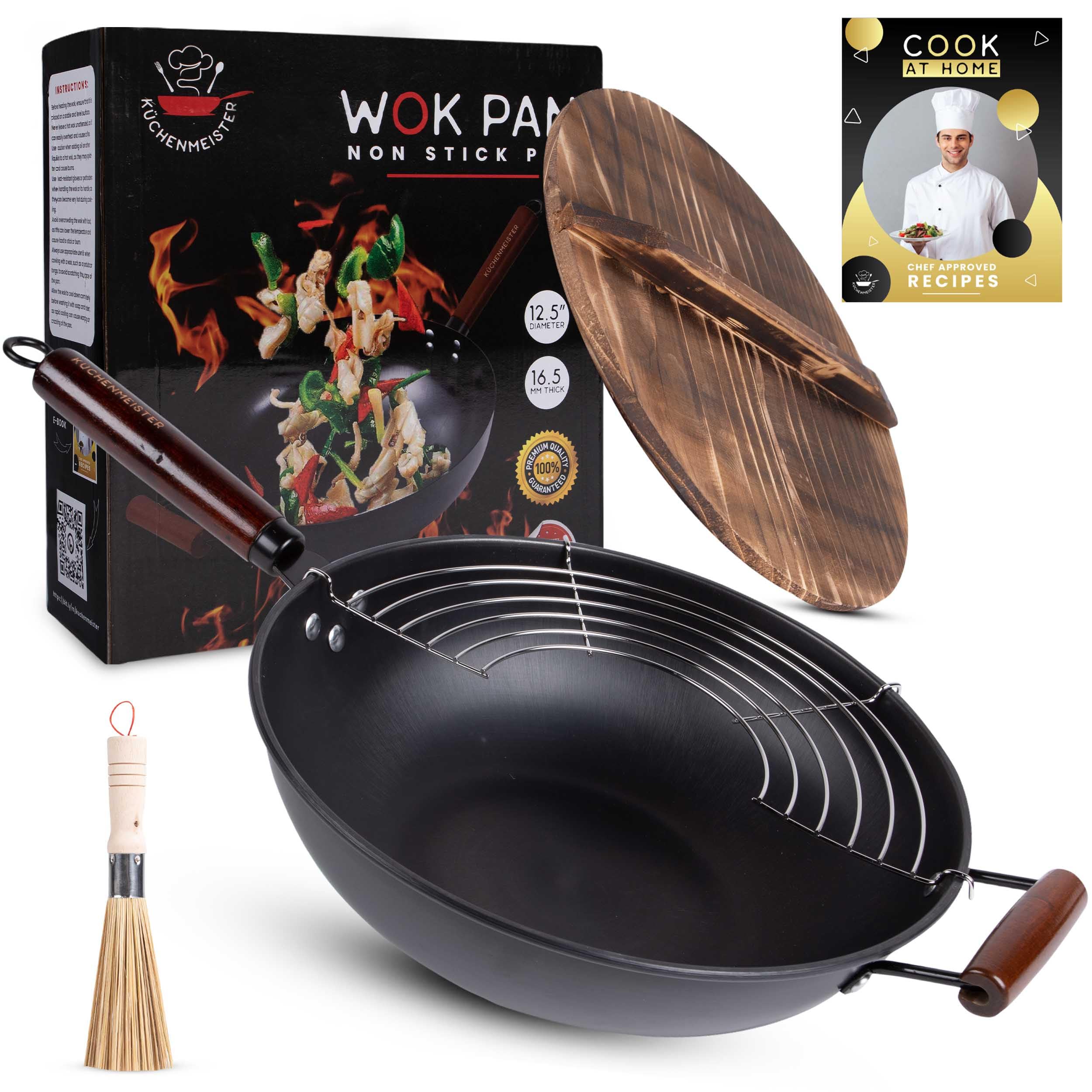 Küchenmeister 12.5-Inch Carbon Steel Wok Pan with Lid - Nonstick Flat Bottom Stir Fry Pan for Induction, Gas, Electric & Halogen Stoves | Includes Brush & Oil Strainer | Perfect for Asian Cooking, Stir-Frying & Home Chefs