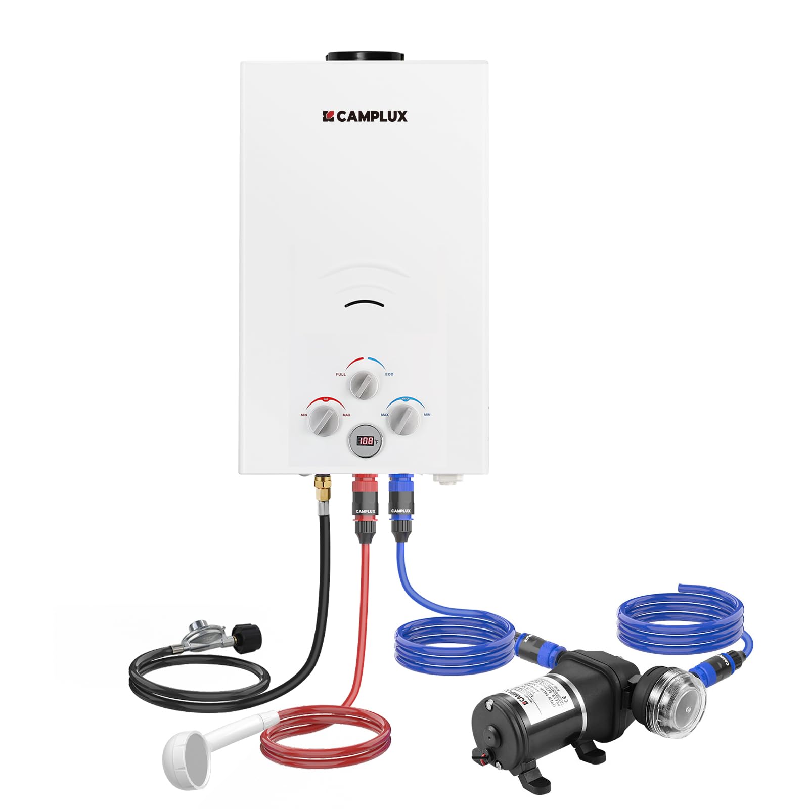 Camplux 2.64GPM Propane Tankless Water Heater with 3.3GPM Pump - 68,000 BTU Portable Hot Water System for Camping, RV, Off-Grid Cabins & Outdoor Showers | Includes Pipe Strainer for Clean Water Supply