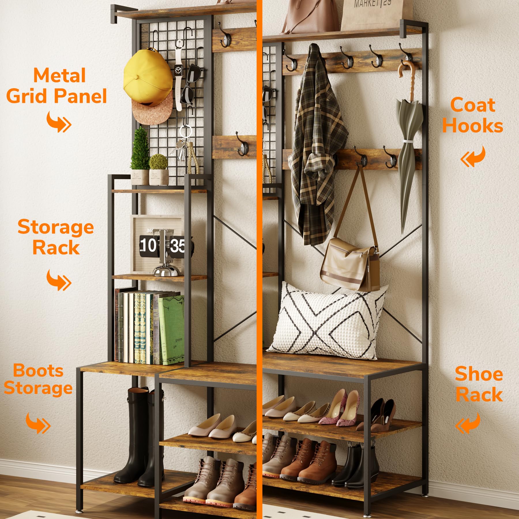 AMBIRD Entryway Hall Tree with Shoe Storage Bench - Coat Rack with 9 Hooks, Metal Grid Panel & Shelves - Rustic Brown & Ink Black (41