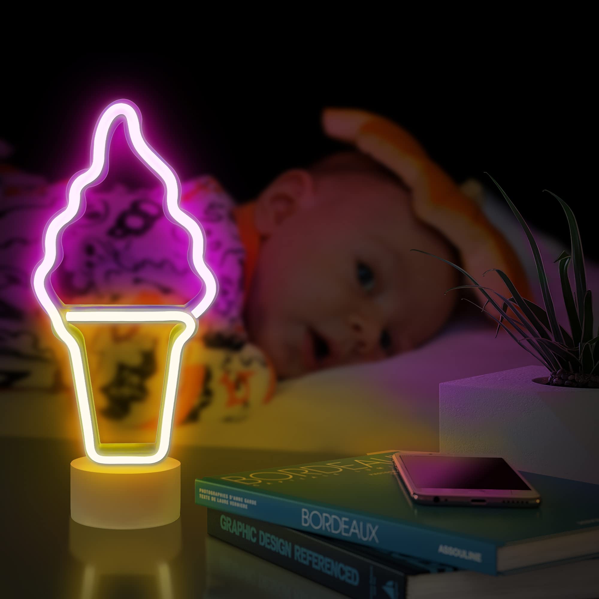 Lumoonosity Ice Cream Neon Sign - Battery/USB Powered Ice Cream Shaped Night Light for Bedroom, Kitchen, Cafe Decor - Pink & Yellow Ice Cream Cone LED Light with Stand - Perfect for Parties, Home Decor, and Ice Cream Shop Displays