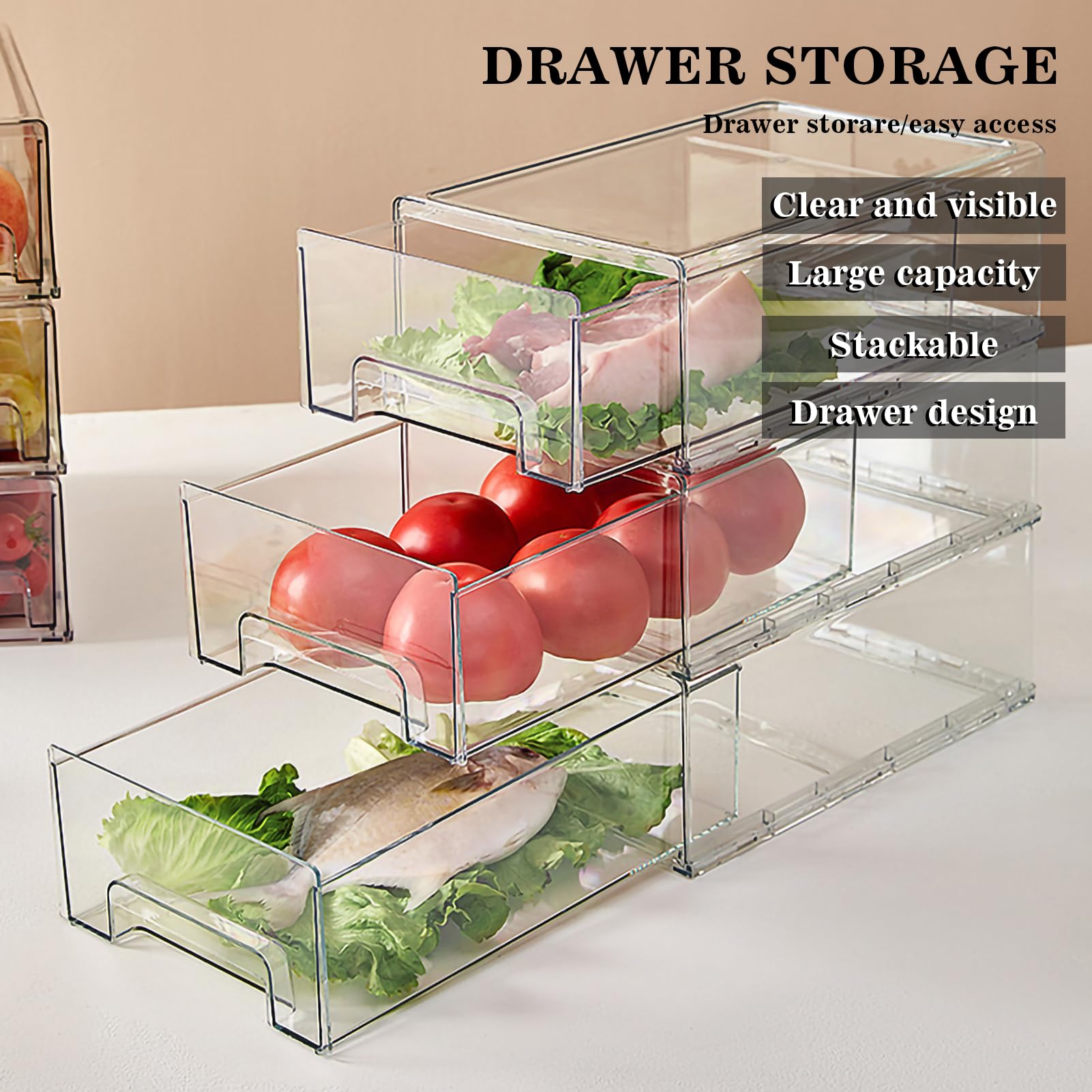 Stackable Clear Fridge Drawers - 2Pack Refrigerator Organizer Bins for Kitchen & Pantry Storage