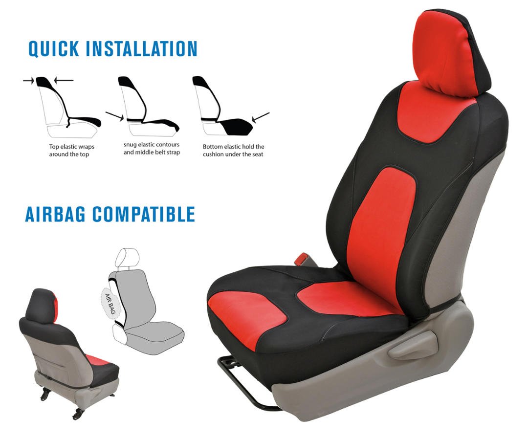 Waterproof Car Seat Covers & GripDrive Synthetic Leather Steering Wheel Cover Set - Black & Red (Basic Pack) | Universal Fit for Cars, SUVs & Trucks | Protects Seats from Spills, Pets & Wear