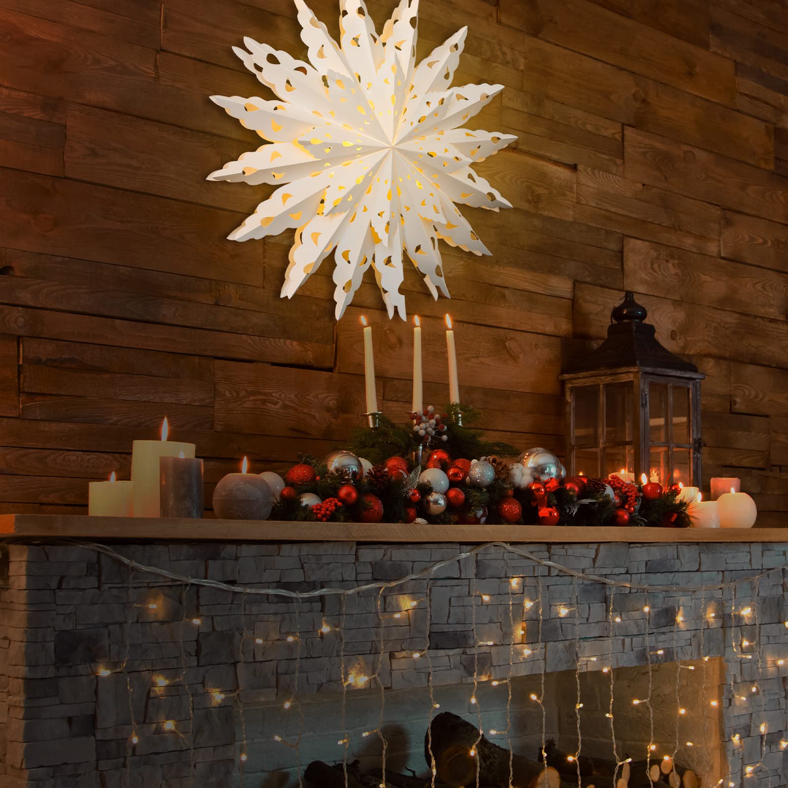 23.6 Inch Christmas Star Snowflake Paper Lantern with Timer - Battery Operated Hanging Decor for Holiday Party, Wedding, Birthday, Christmas Tree - Classic Style Home Celebration Decoration