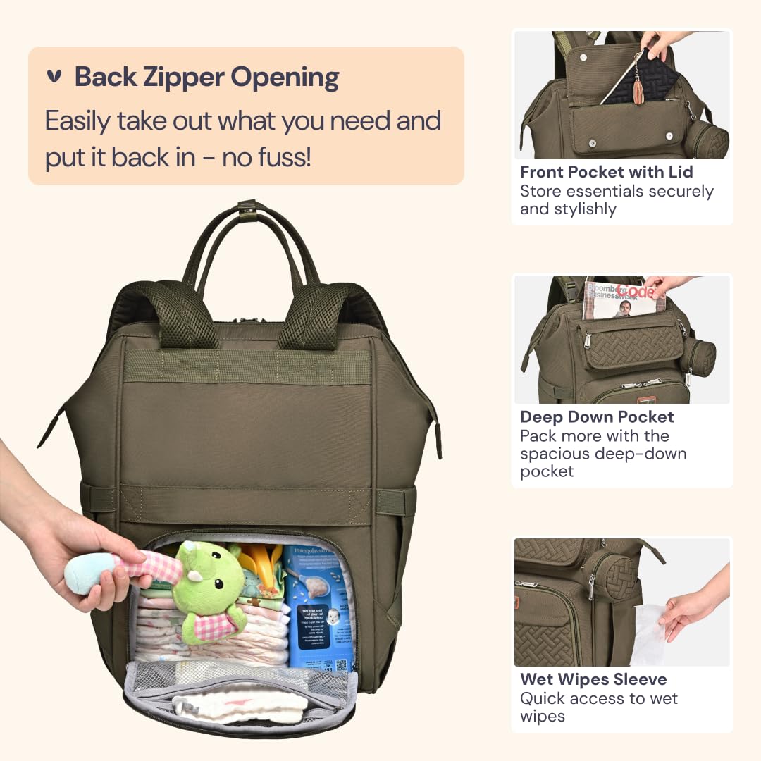 BabbleRoo Multifunctional Diaper Backpack - Large Baby Changing Bag with Insulated Bottle Pockets, Stroller Straps & Wipeable Changing Pad - Perfect for Travel, Daycare & On-the-Go Parents