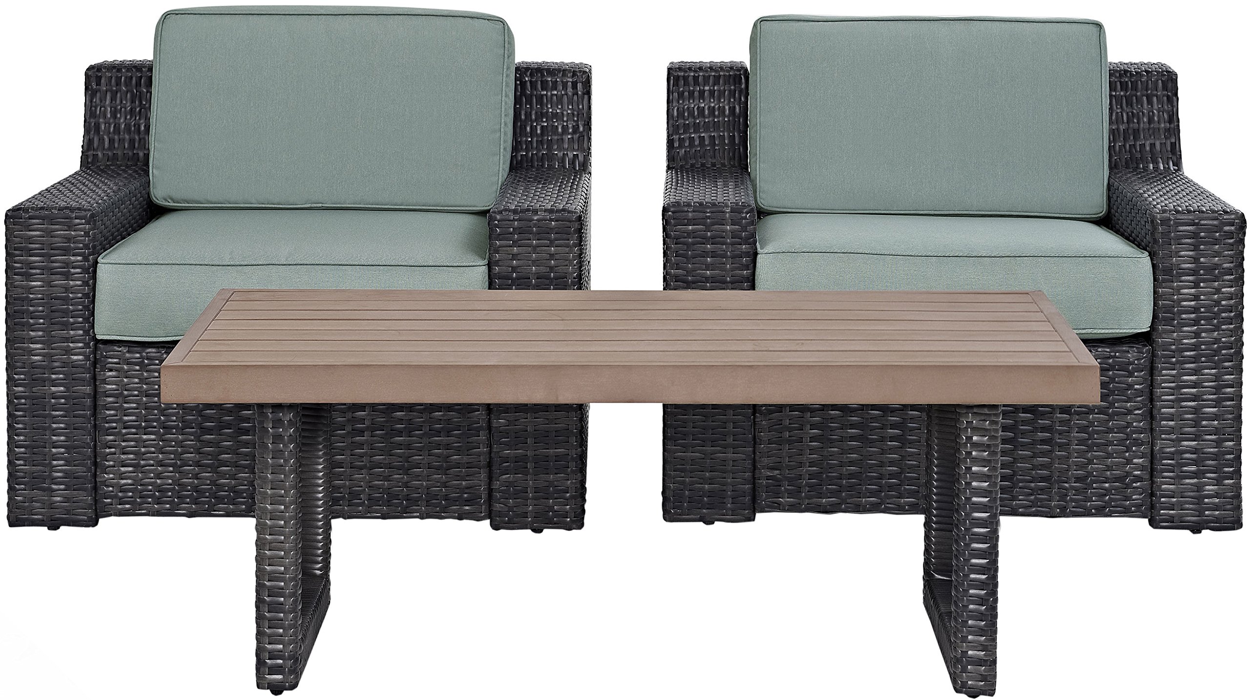 Crosley Furniture Beaufort 3-Piece Outdoor Wicker Patio Set - Brown Rattan Chairs & Coffee Table with Mist Cushions for Garden, Poolside & Backyard Relaxation