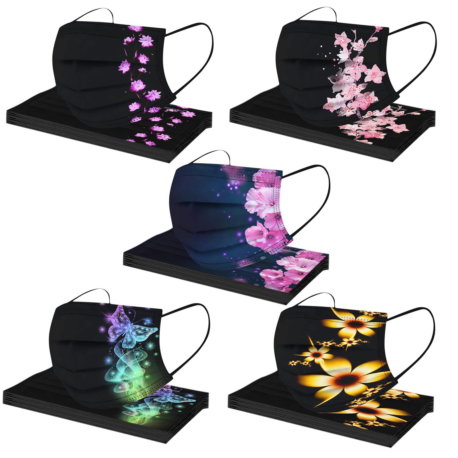 50 Pack Floral Black Disposable Face Masks for Adults - Sunflower Butterfly Print Fashion Bandanas for Women & Men - Perfect for Holidays, Parties, Festivals & Outdoor Events
