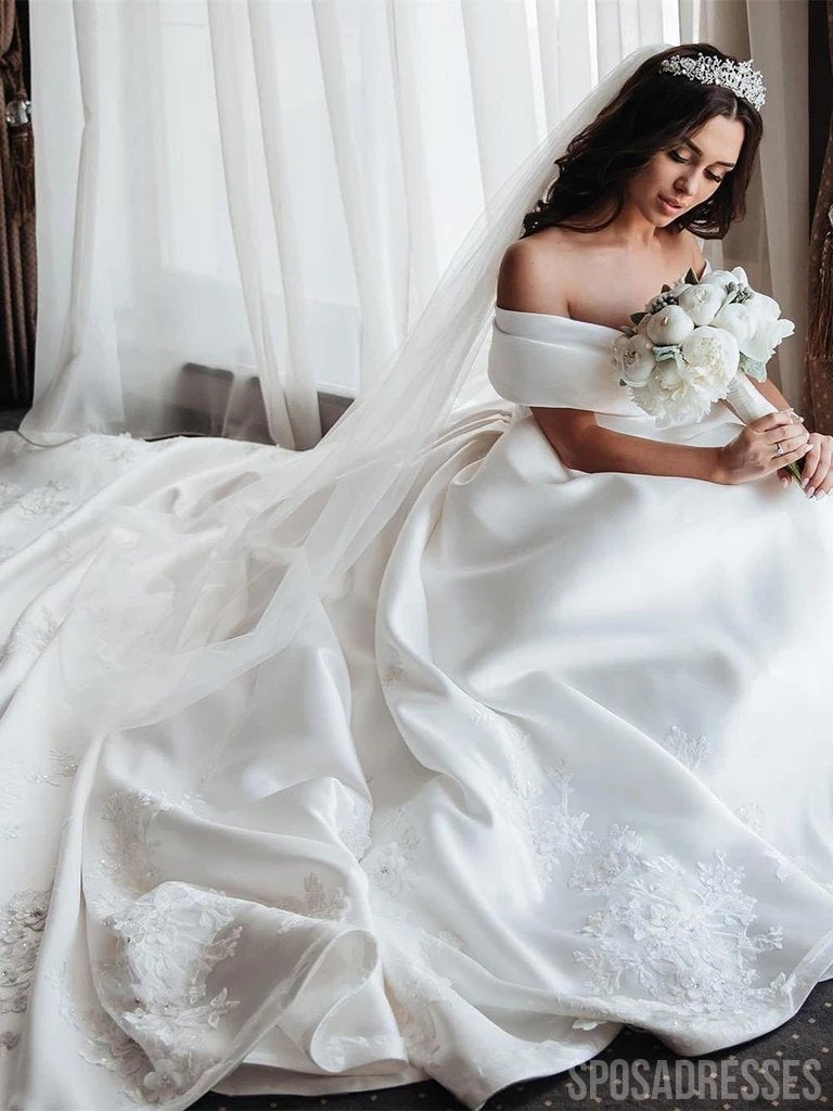Elegant Off Shoulder Long Train Satin Wedding Dress - Affordable Bridal Gown WD690 for Beach, Church & Formal Weddings