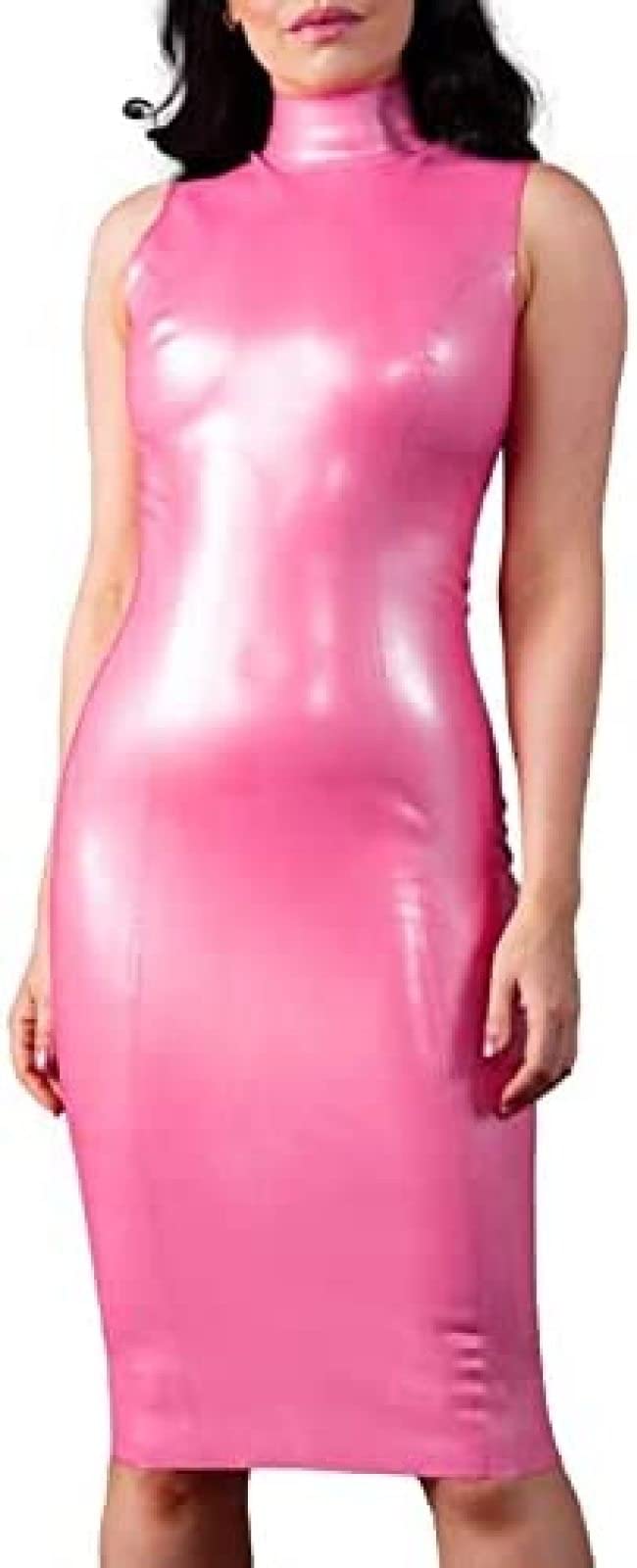 Sexy Sleeveless Pink Latex Dress with Back Zip & High Collar - Stretchy Rubber Bodycon Playsuit with Thigh Slit for Women | Perfect for Fetish Parties, Cosplay & Nightclub Outfits