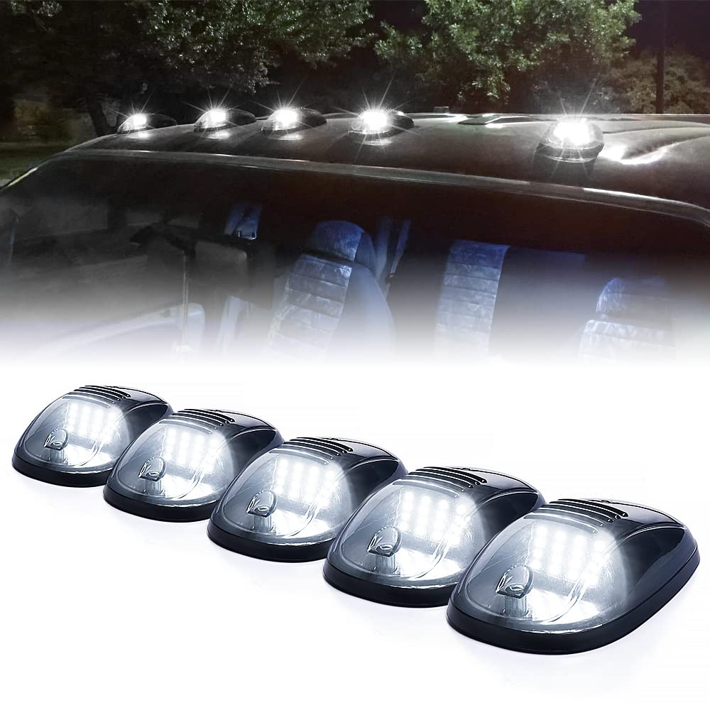 Xprite Smoke Lens Rooftop Cab Clearance Light Kit - 5Pcs White LED Marker Lights for Pickup Trucks & SUVs (Ford, Dodge, Ram, GMC, Toyota) - Durable Off-Road Lighting for Night Driving & Vehicle Safety