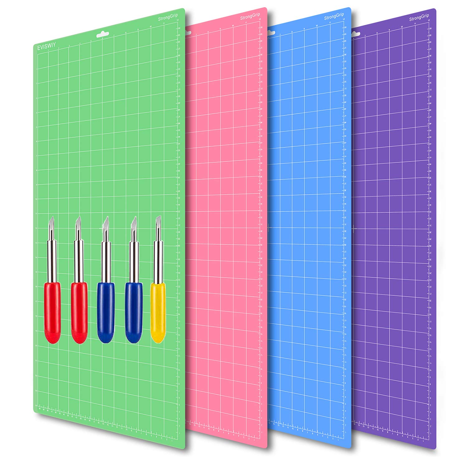 EVISWIY 4-Piece 12x24 Cutting Mats for Cricut Maker 3, Explore Air 2, Air & One - Includes 5 Blades (Standard/Light/Strong/Fabric Grip) - Green, Blue, Purple, Pink - Perfect for DIY Crafts, Vinyl Cutting & Scrapbooking